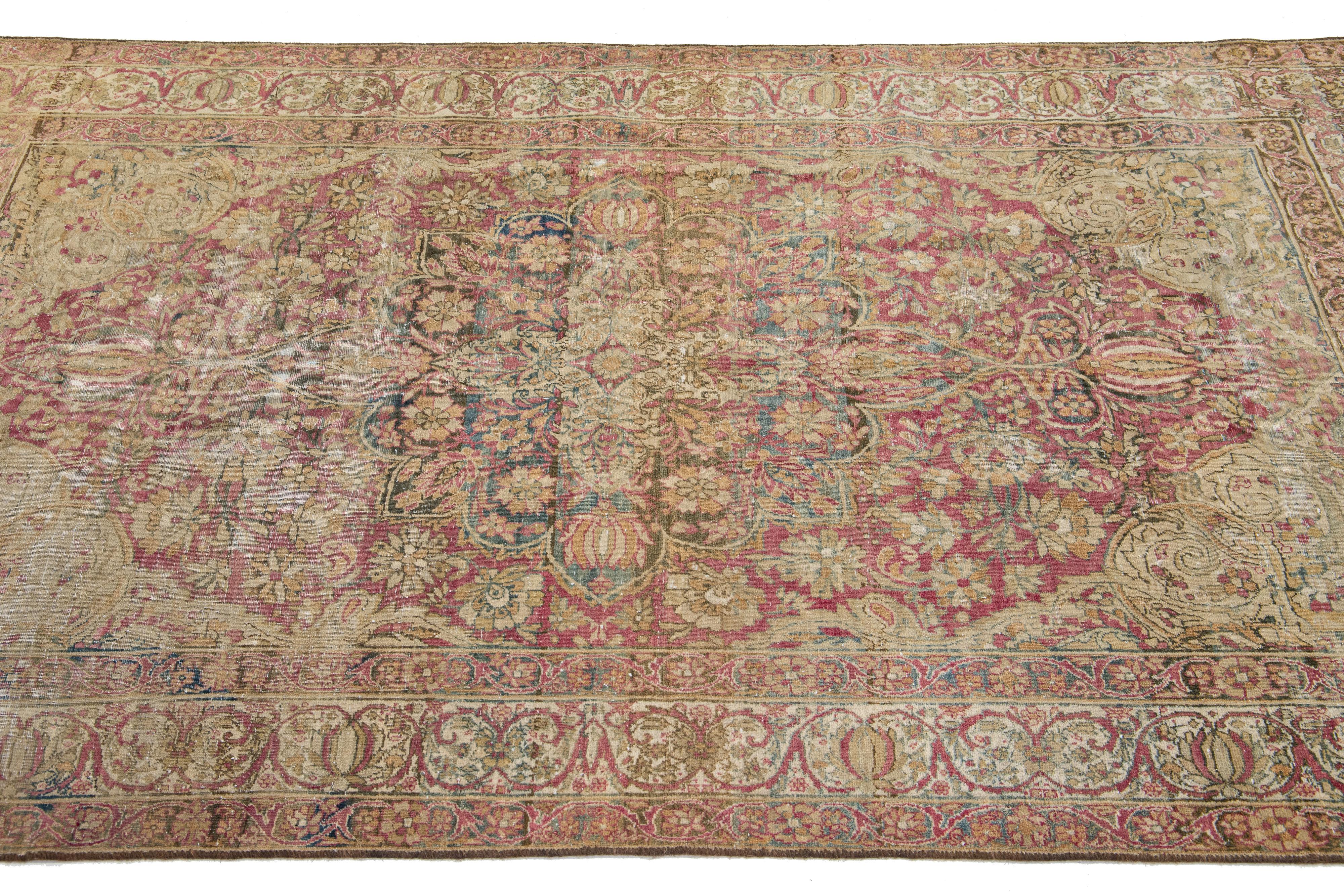 Persian 1920s Antique Kerman Handmade Wool Rug With Floral Medallion In Red For Sale
