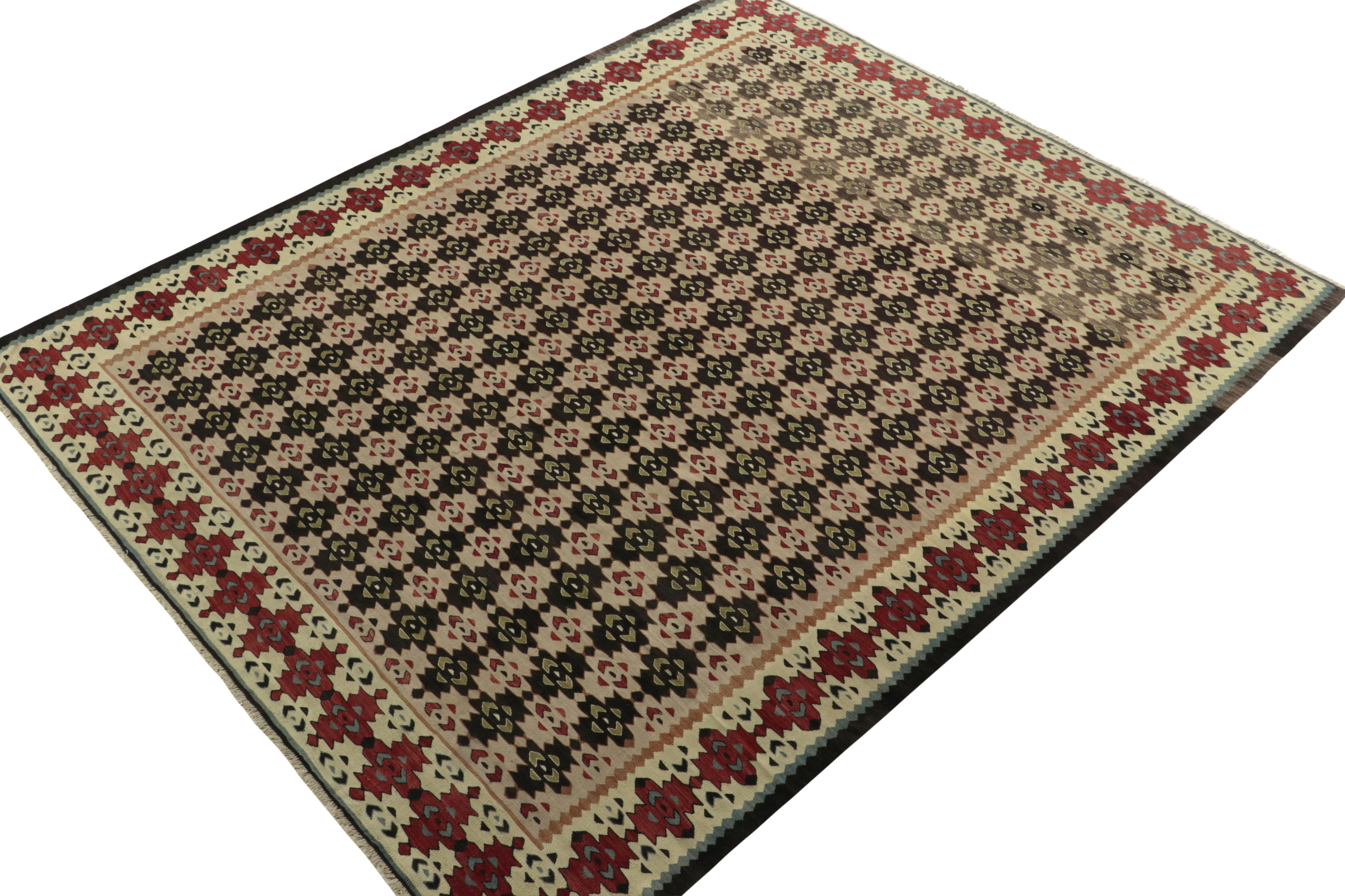 Handwoven in fine wool, an 8x10 antique kilim rug from Turkey, now joining our coveted tribal collection. 

Carrying a folk art appeal, the 1920s piece reflects a subtle Macedonian sensibility in design with traditional motifs adorning field &