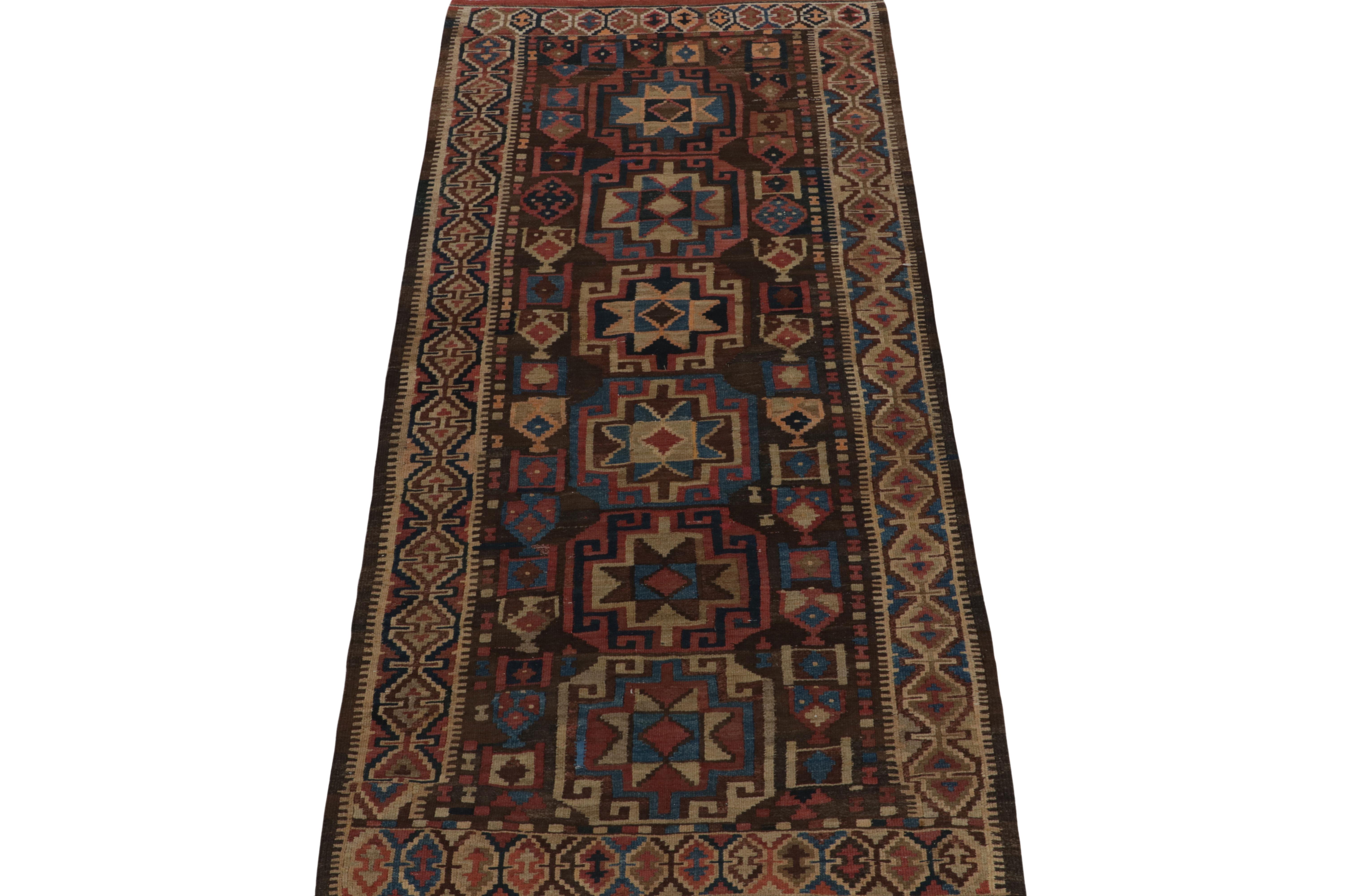 Tribal Antique Kurdish Kilim Runner in Brown With Geometric Patterns, From Rug & Kilim For Sale