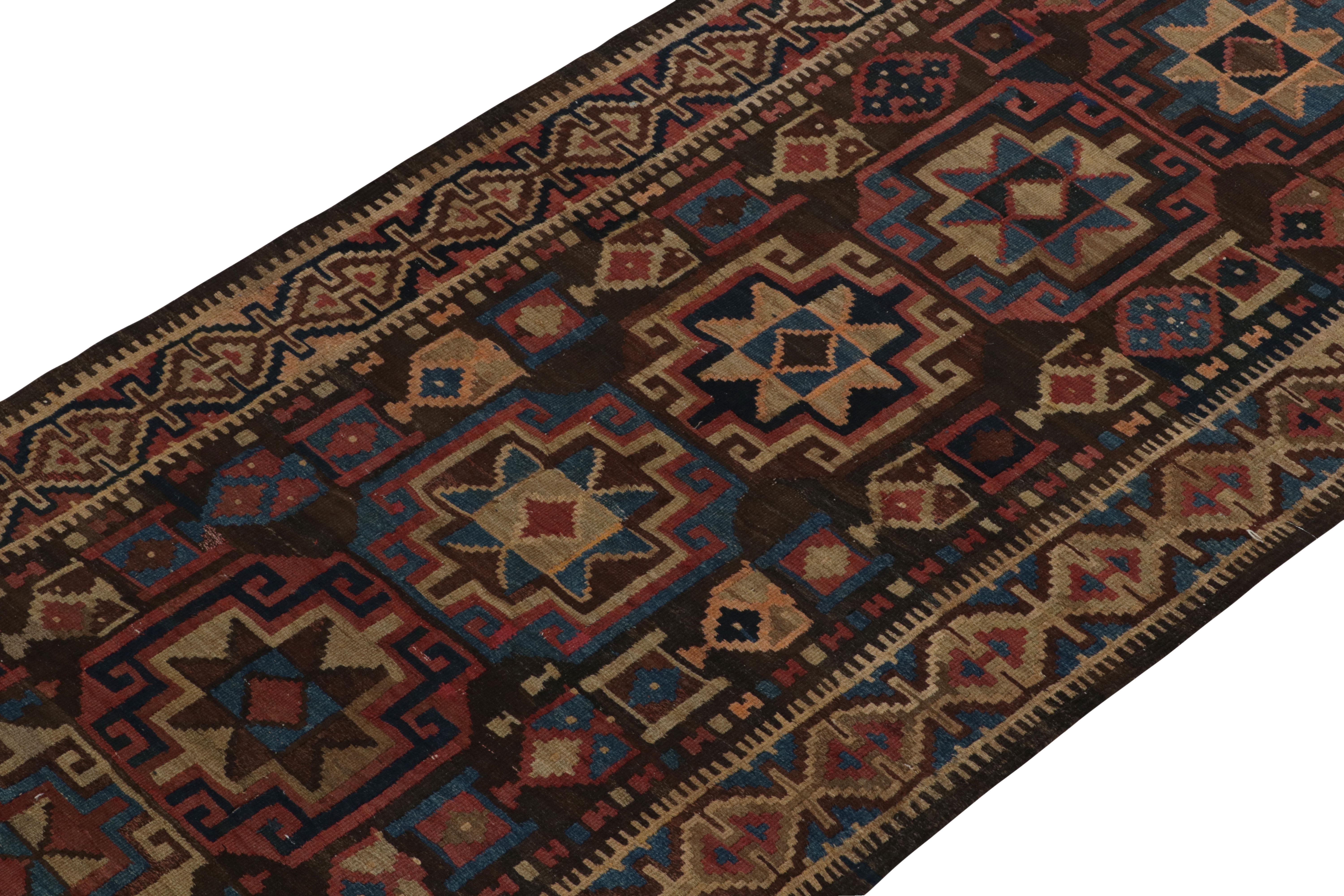 Persian Antique Kurdish Kilim Runner in Brown With Geometric Patterns, From Rug & Kilim For Sale