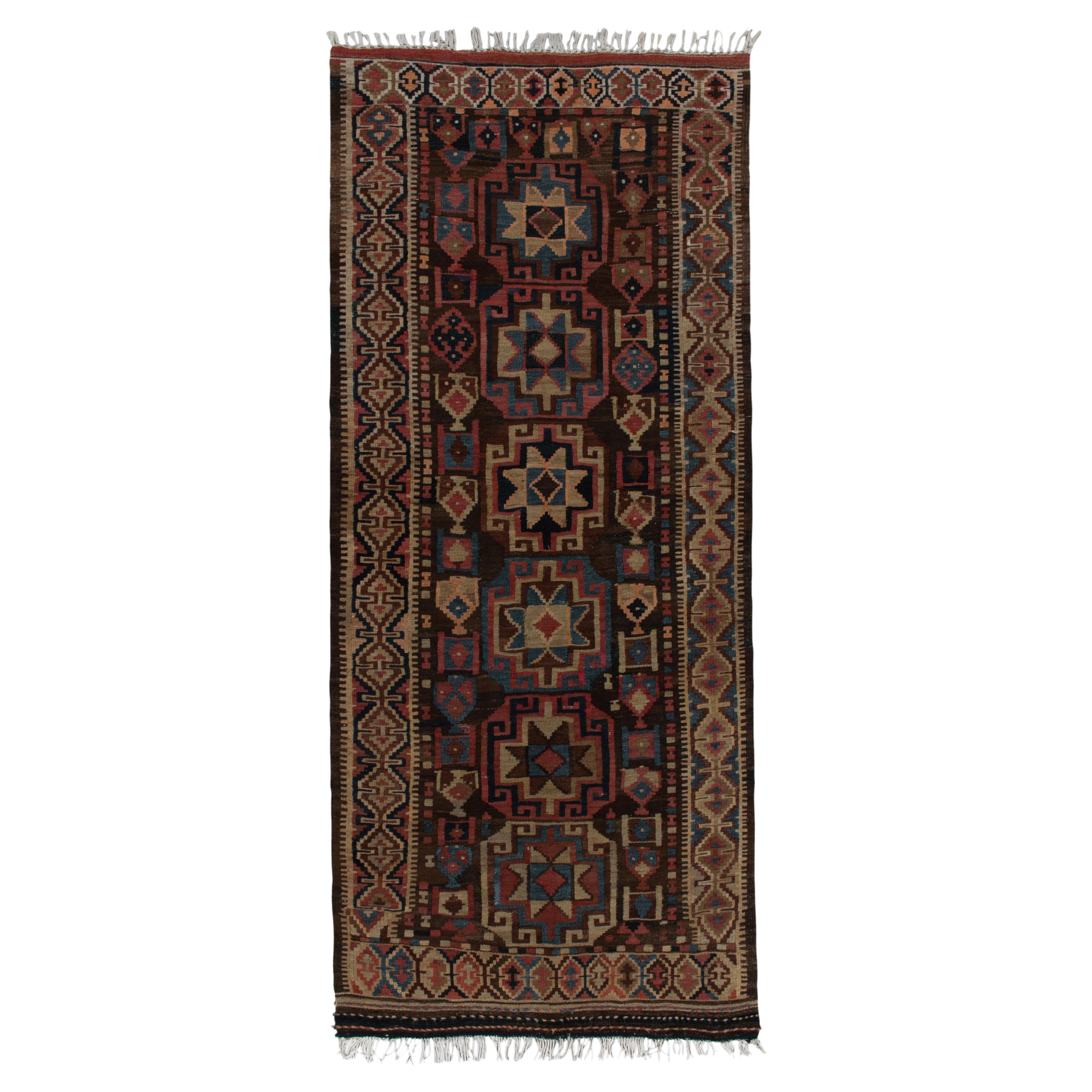 Antique Kurdish Kilim Runner in Brown With Geometric Patterns, From Rug & Kilim For Sale