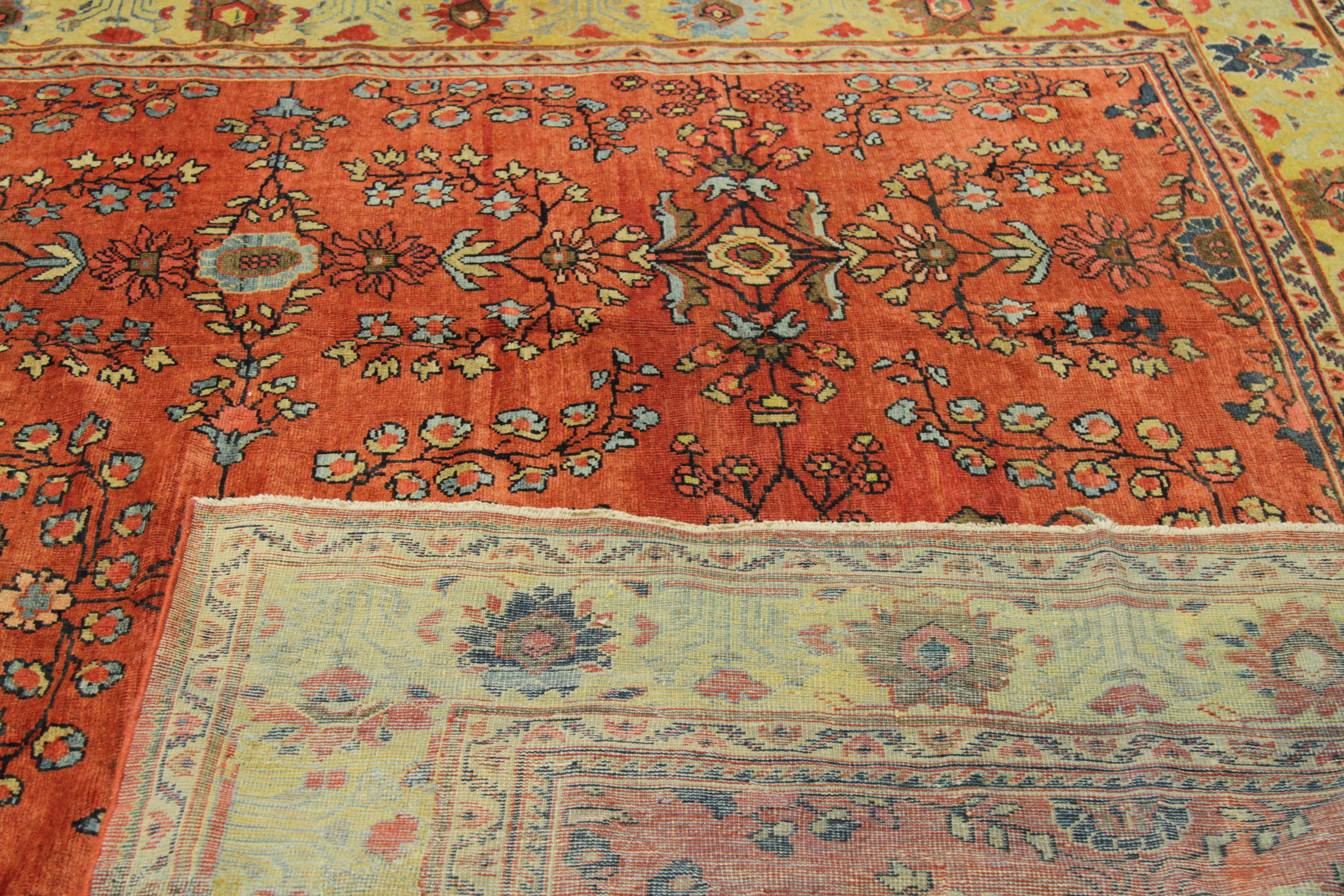 Hand-Knotted 1920s Antique Mahal Persian Rug with Red and Yellow Floral Patterns For Sale