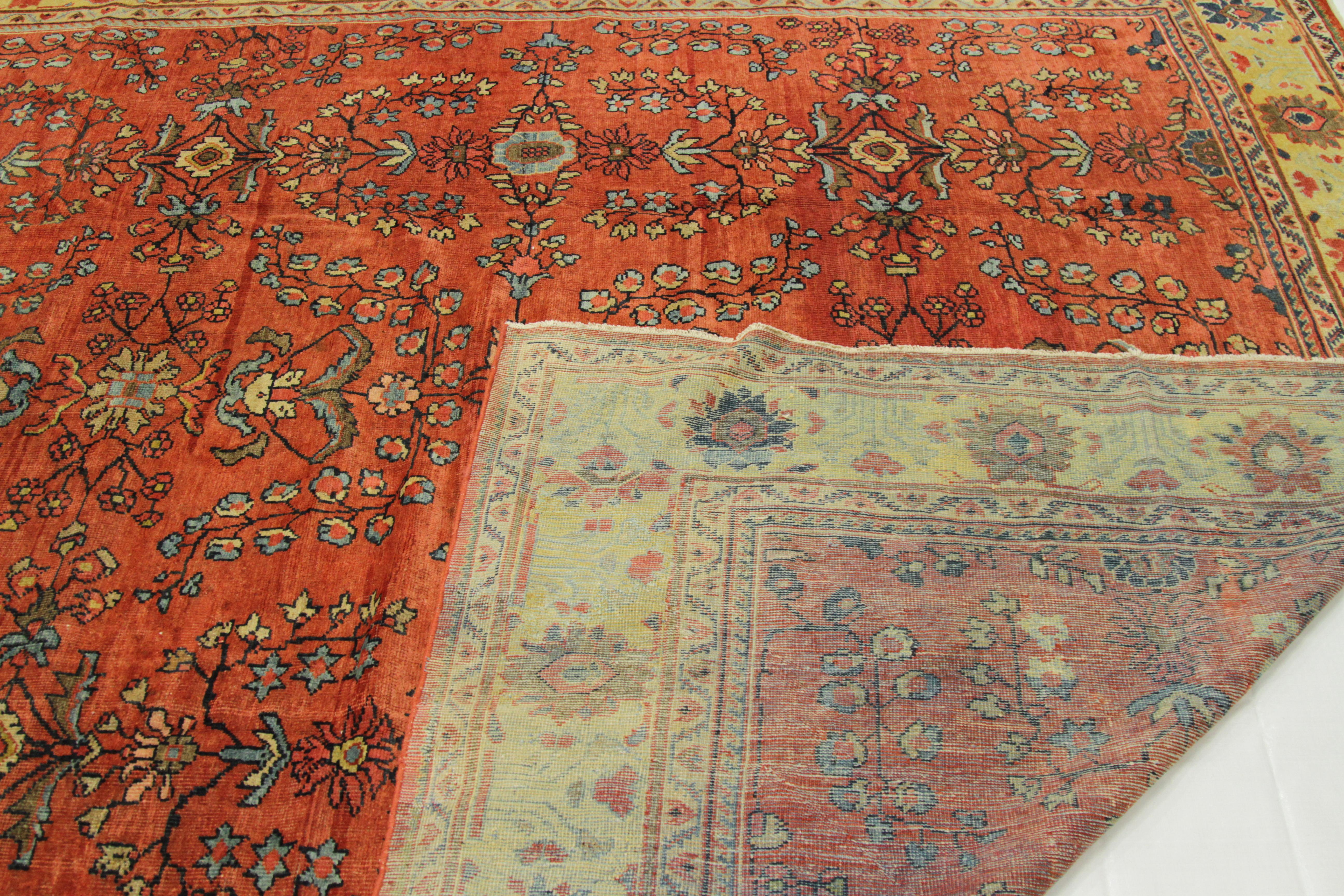 1920s Antique Mahal Persian Rug with Red and Yellow Floral Patterns In Excellent Condition For Sale In Dallas, TX