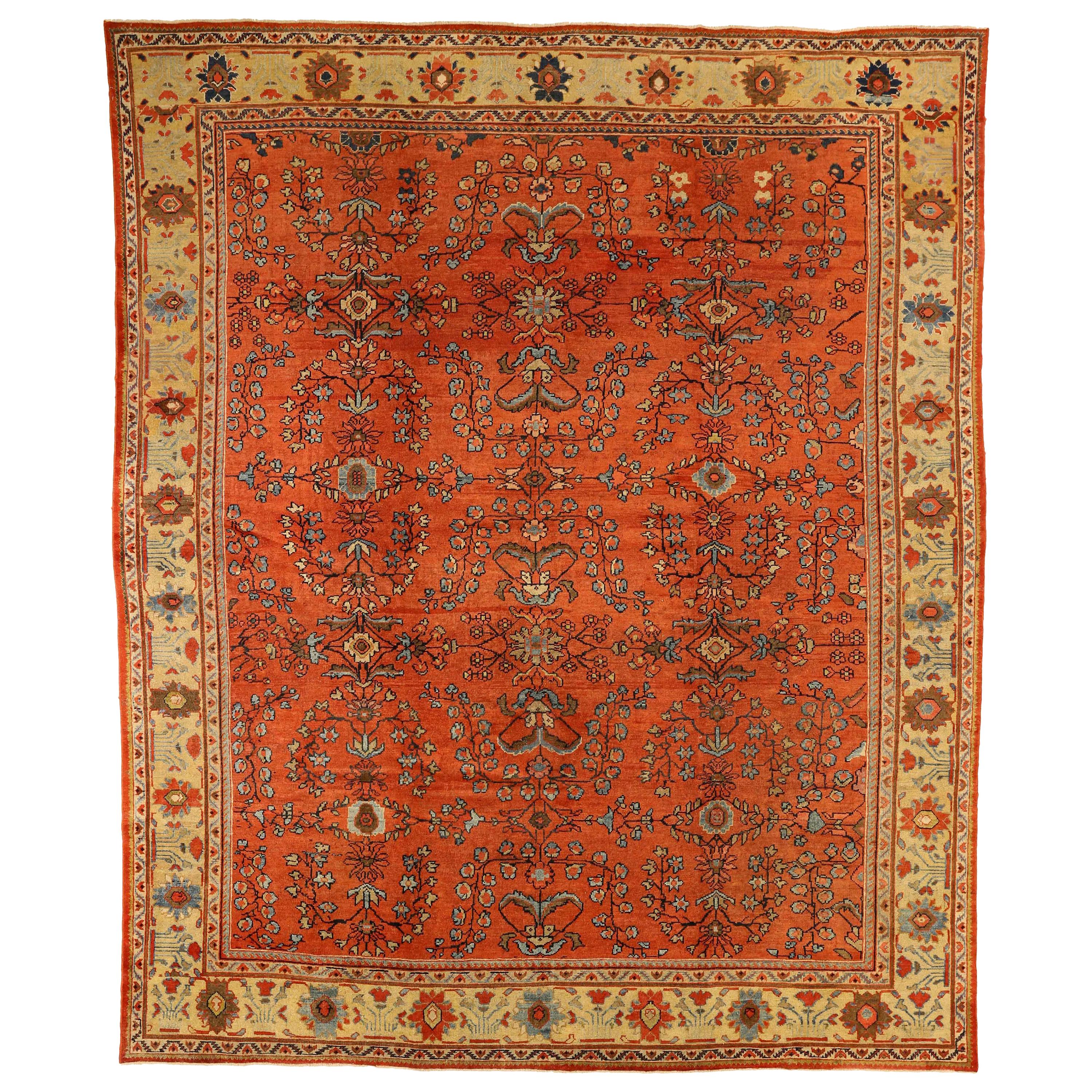 1920s Antique Mahal Persian Rug with Red and Yellow Floral Patterns For Sale