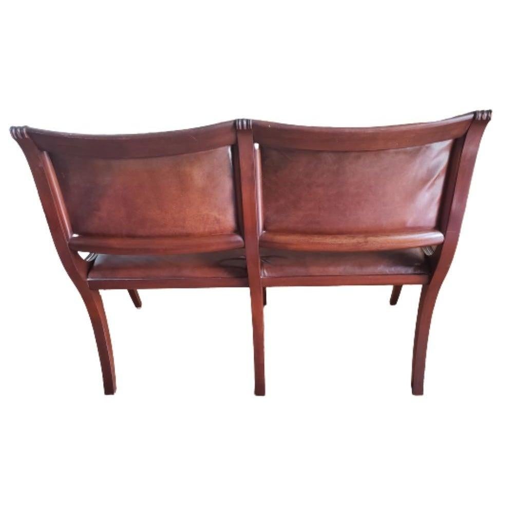 Varnished 1920s Antique Mahogany Top Grain Leather Settee by Colonial Manufacturing