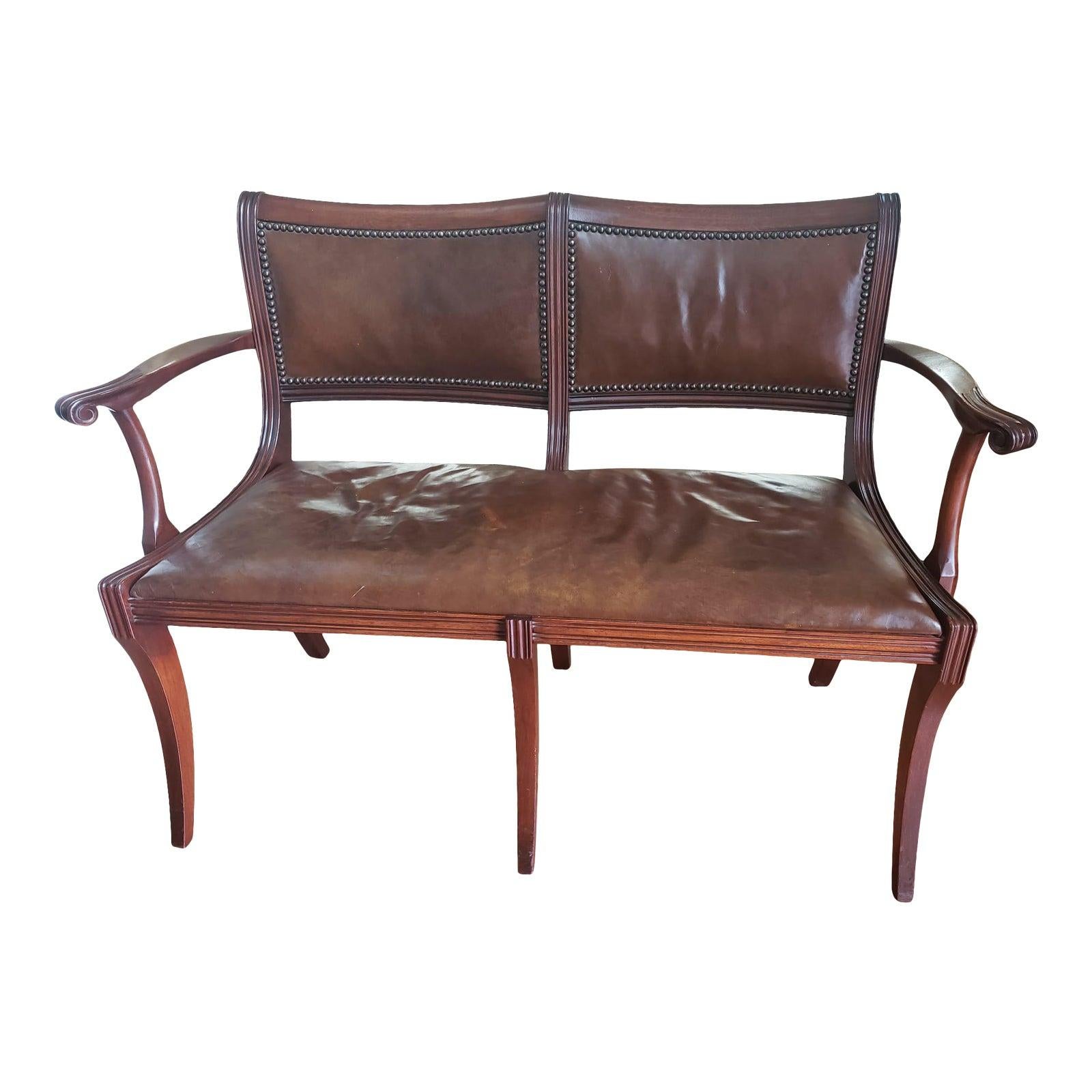 1920s Antique Mahogany Top Grain Leather Settee by Colonial Manufacturing