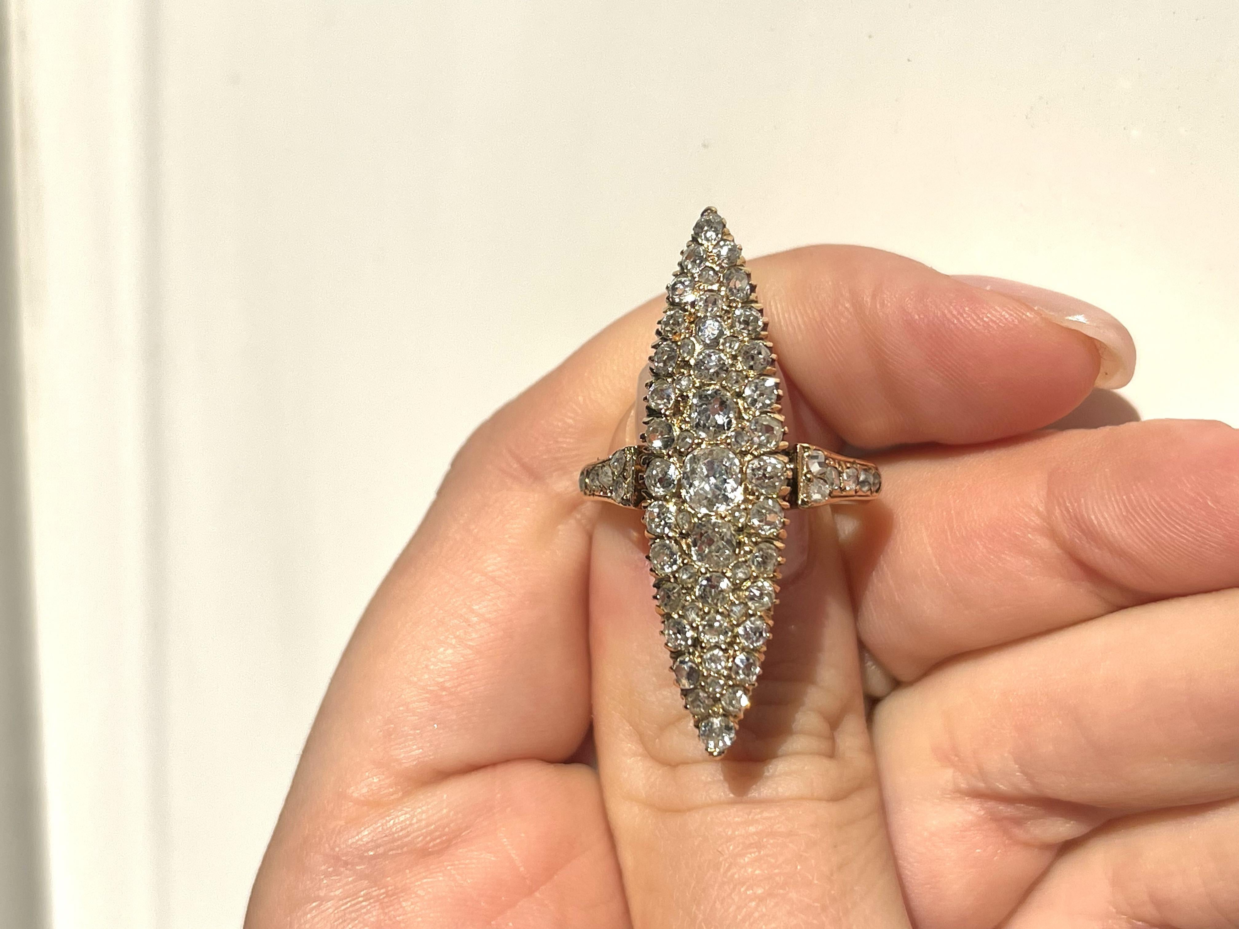 1920s Antique Marquise Shaped Diamond Rose Old Cut Encrusted Shining Pave Ring For Sale 1