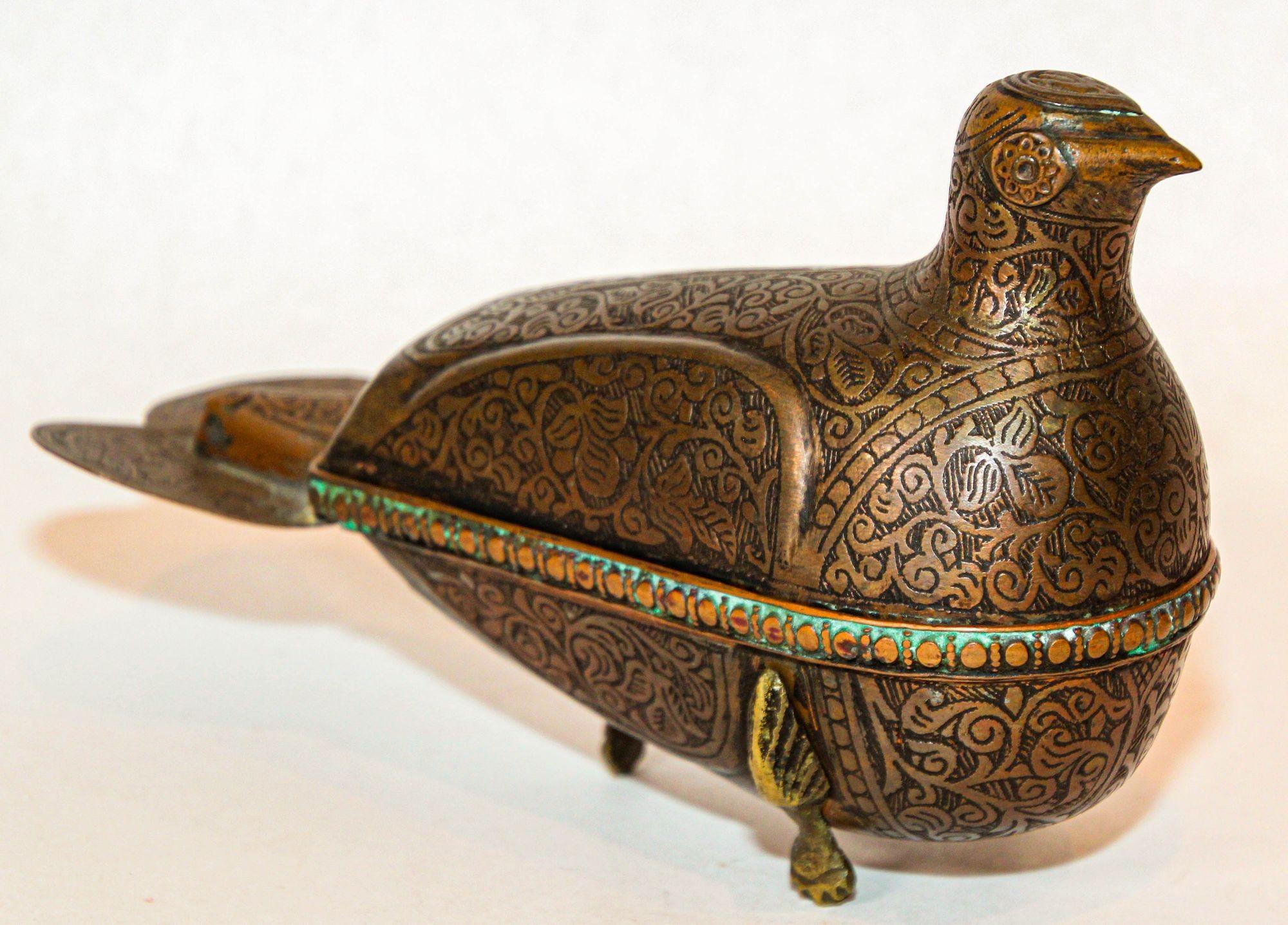 Indian 1920s Antique Metal Copper Standing Dove Bird Shaped Lidded Box Islamic Art