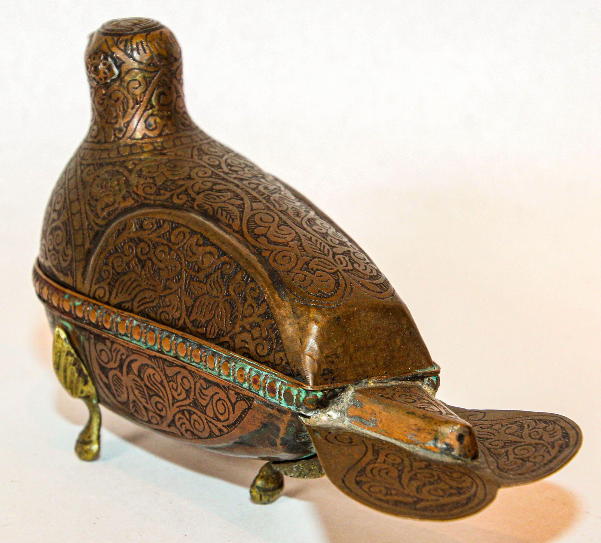 20th Century 1920s Antique Metal Copper Standing Dove Bird Shaped Lidded Box Islamic Art