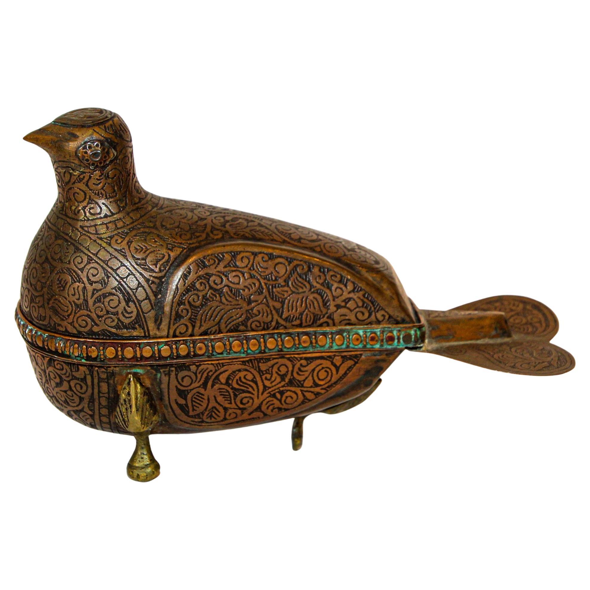 1920s Antique Metal Copper Standing Dove Bird Shaped Lidded Box Islamic Art