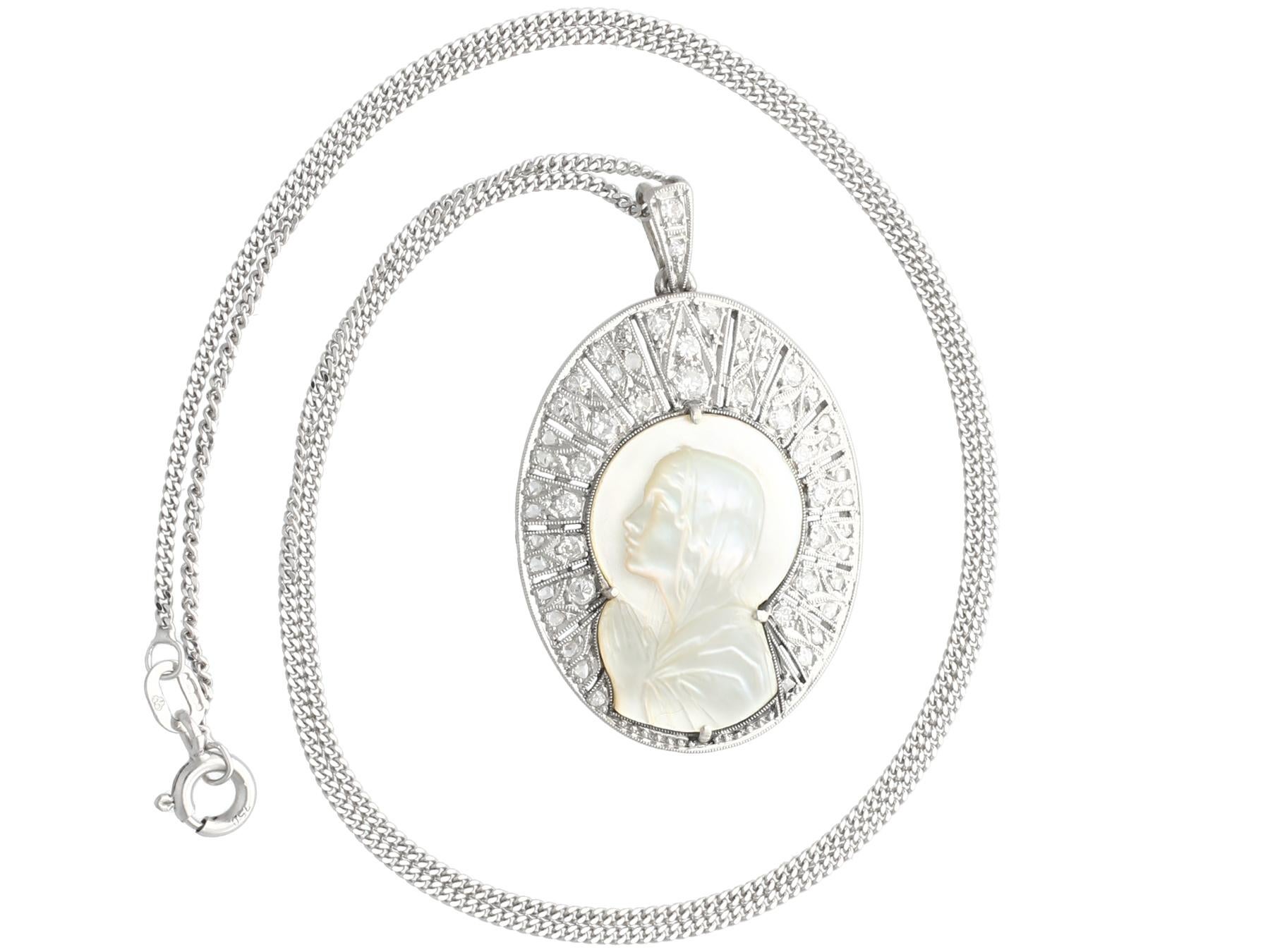 Round Cut 1920s Mother of Pearl and Diamond Platinum Pendant For Sale