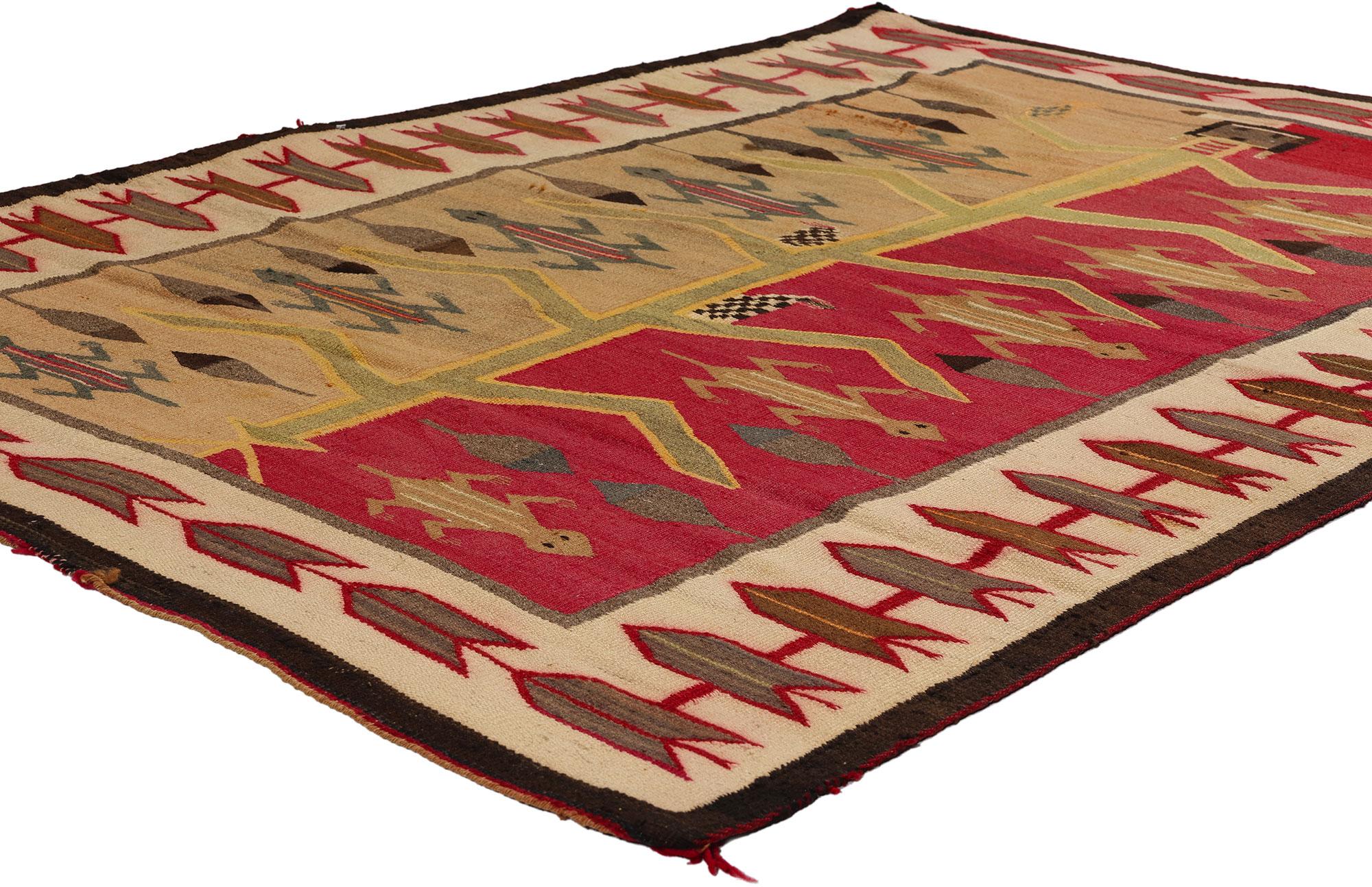 78722 Antique Navajo Tree of Life Pictorial Rug, 03'11 x 05'03. A Navajo Tree of Life Pictorial Yei rug is a type of traditional Navajo rug that incorporates imagery of the Tree of Life along with figures representing Yei, which are spiritual beings