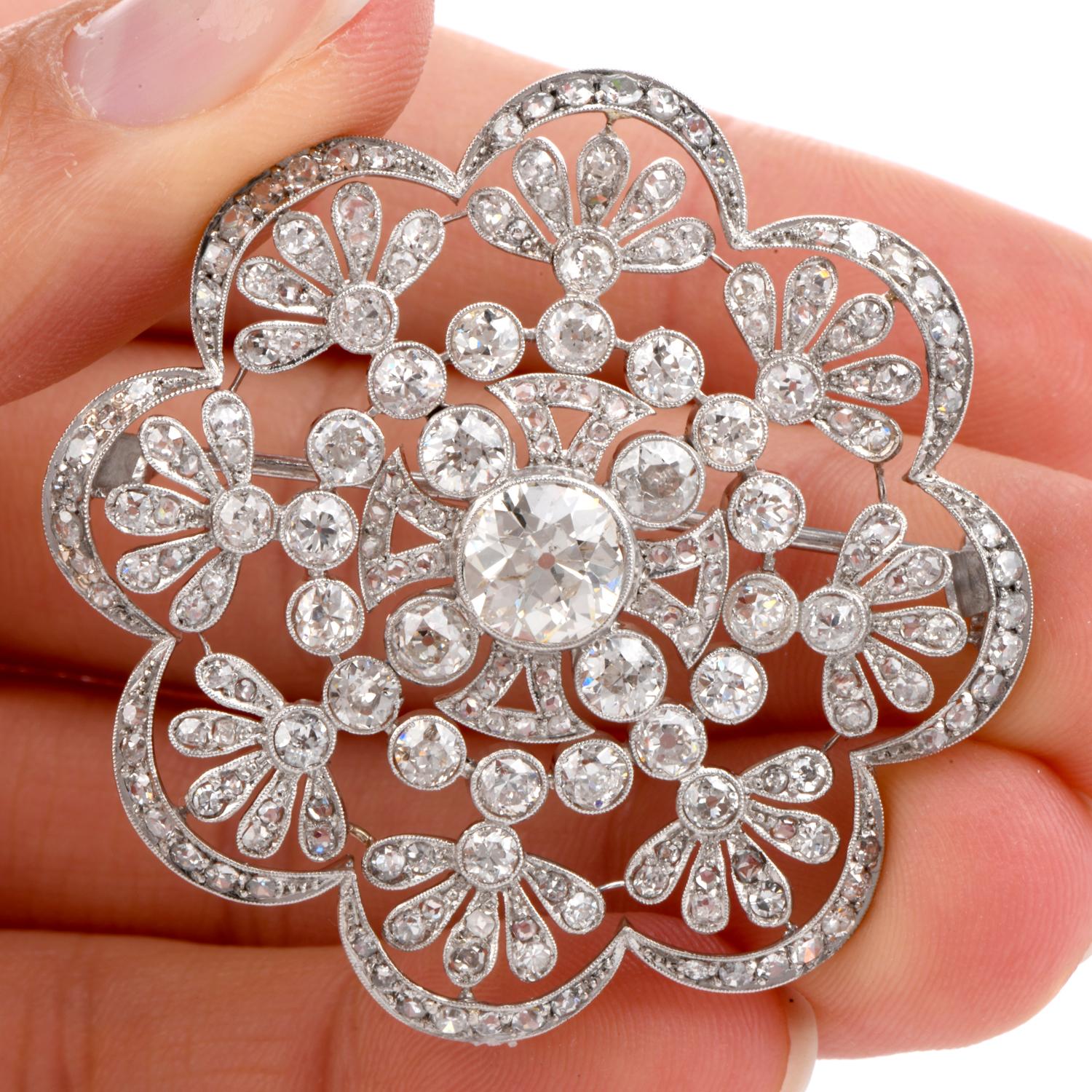 Art Deco 1920s Antique Old European Diamond Flower Openwork Platinum Pin Brooch