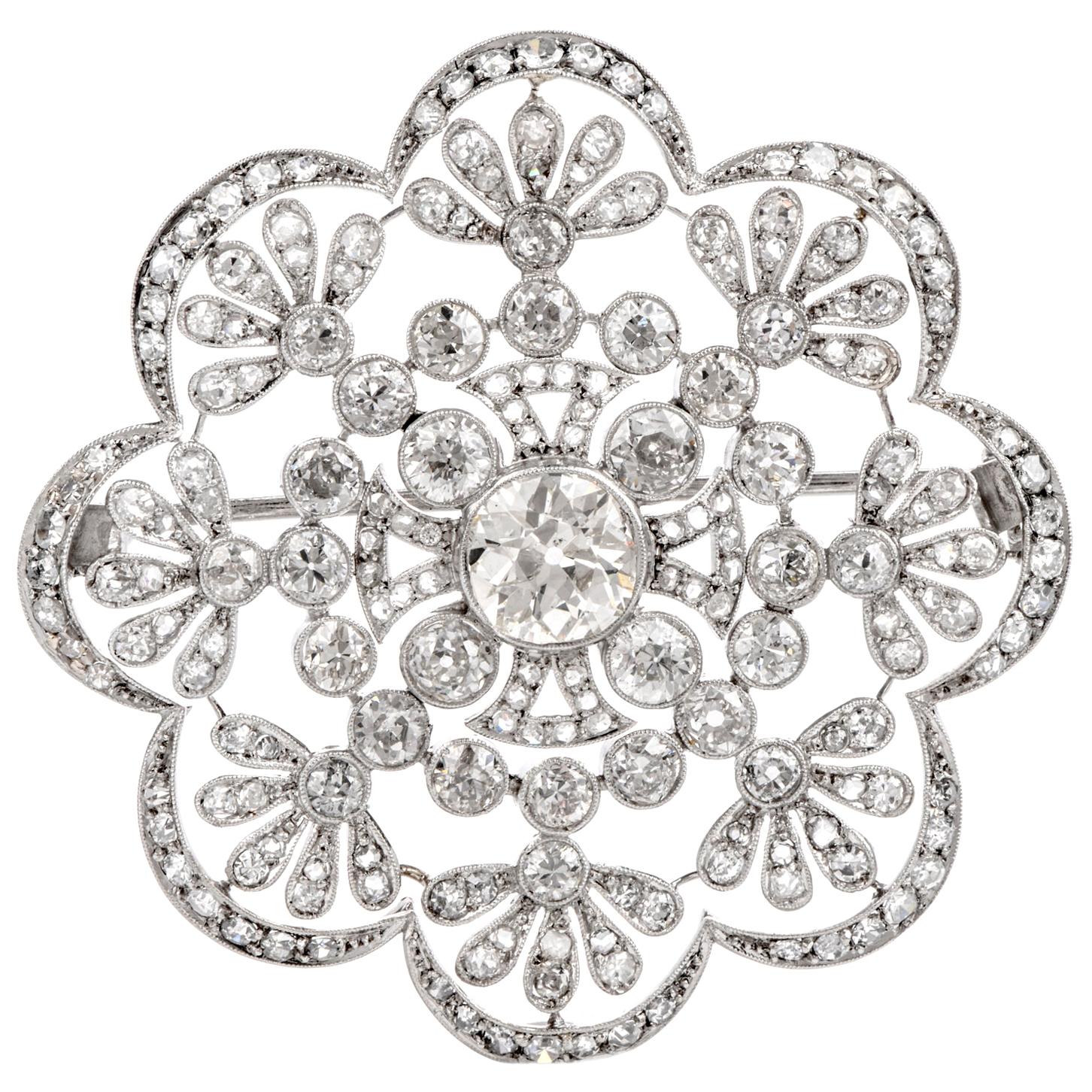 1920s Antique Old European Diamond Flower Openwork Platinum Pin Brooch