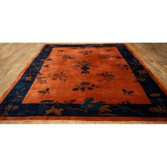 1920s Antique Orange Vase Floral Butterfly Chinese Handknotted Art Deco Wool Rug