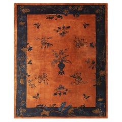 1920s Antique Orange Vase Floral Butterfly Chinese Handknotted Art Deco Wool Rug