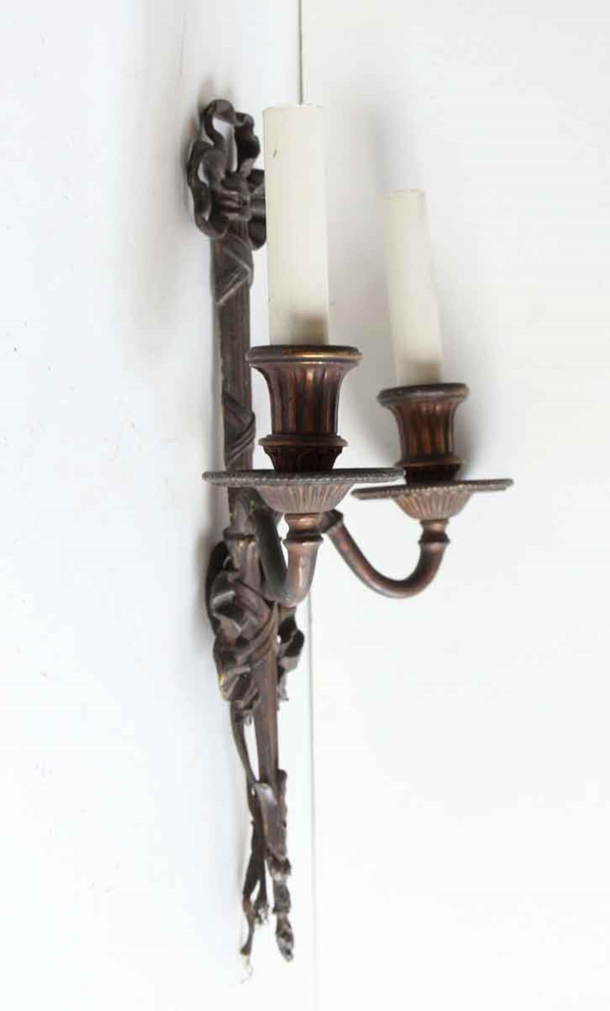 1920s Antique Pair of Bronze Two Arm Sconces with a Tied Ribbon Design 3