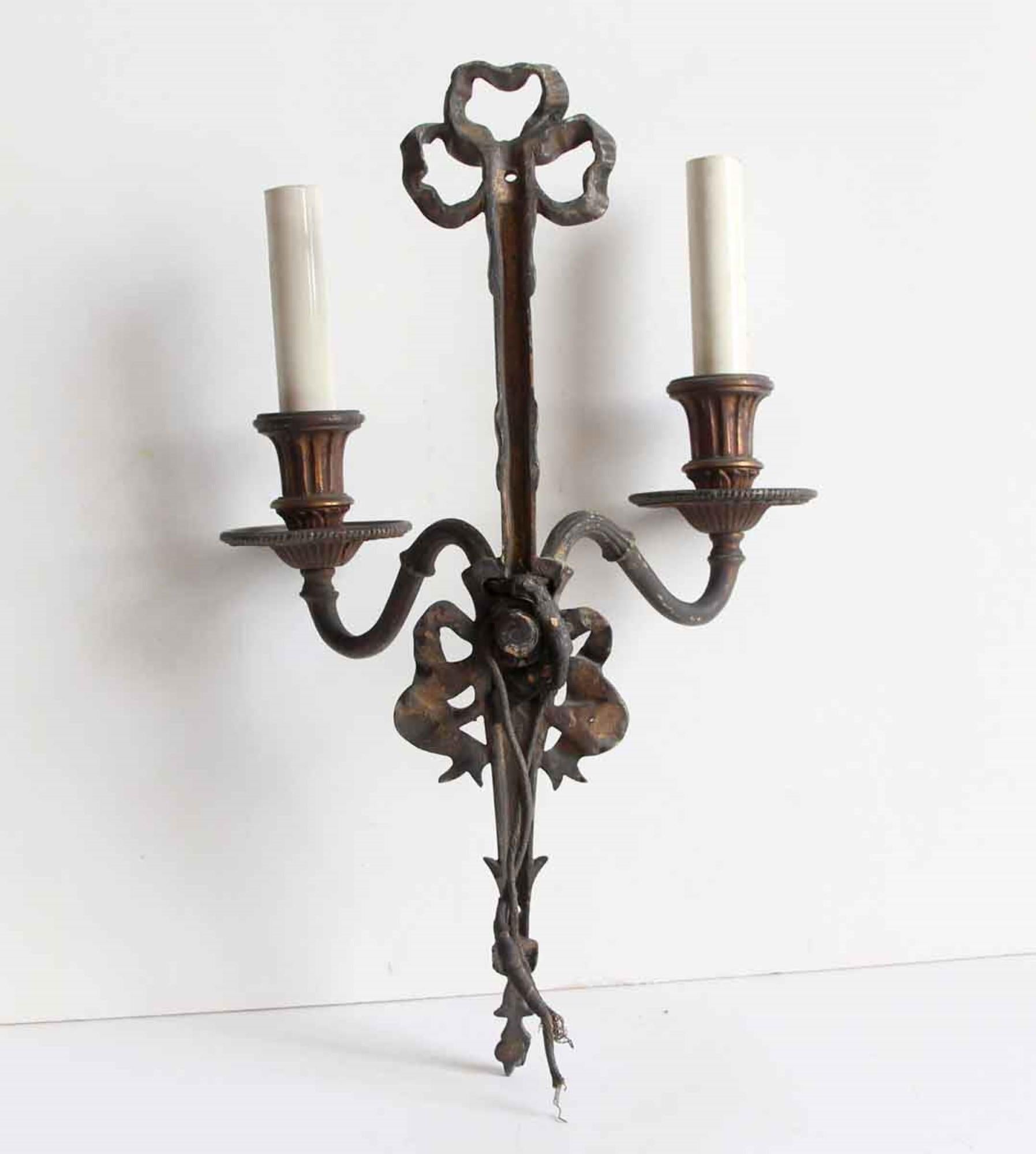 1920s Antique Pair of Bronze Two Arm Sconces with a Tied Ribbon Design 4