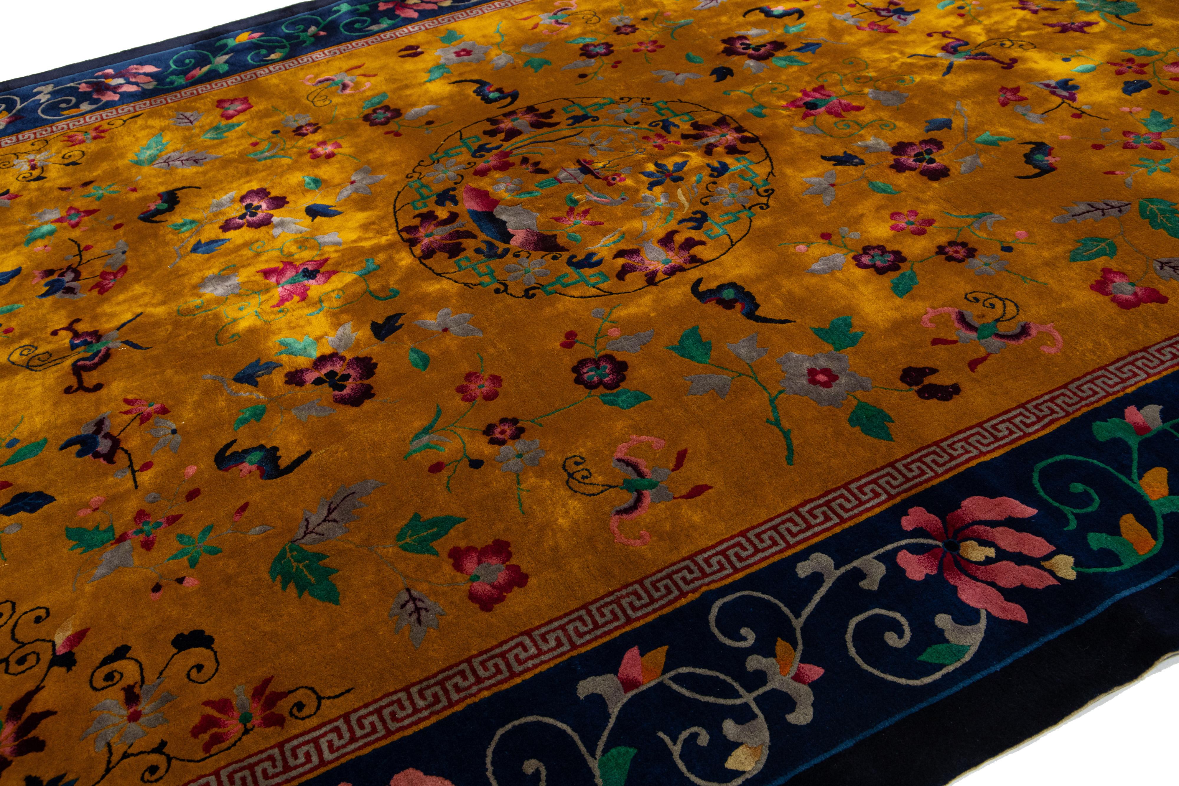 Chinese Export 1920s Antique Peking Chinese Wool Rug Handmade with Floral Design In Goldenrod For Sale