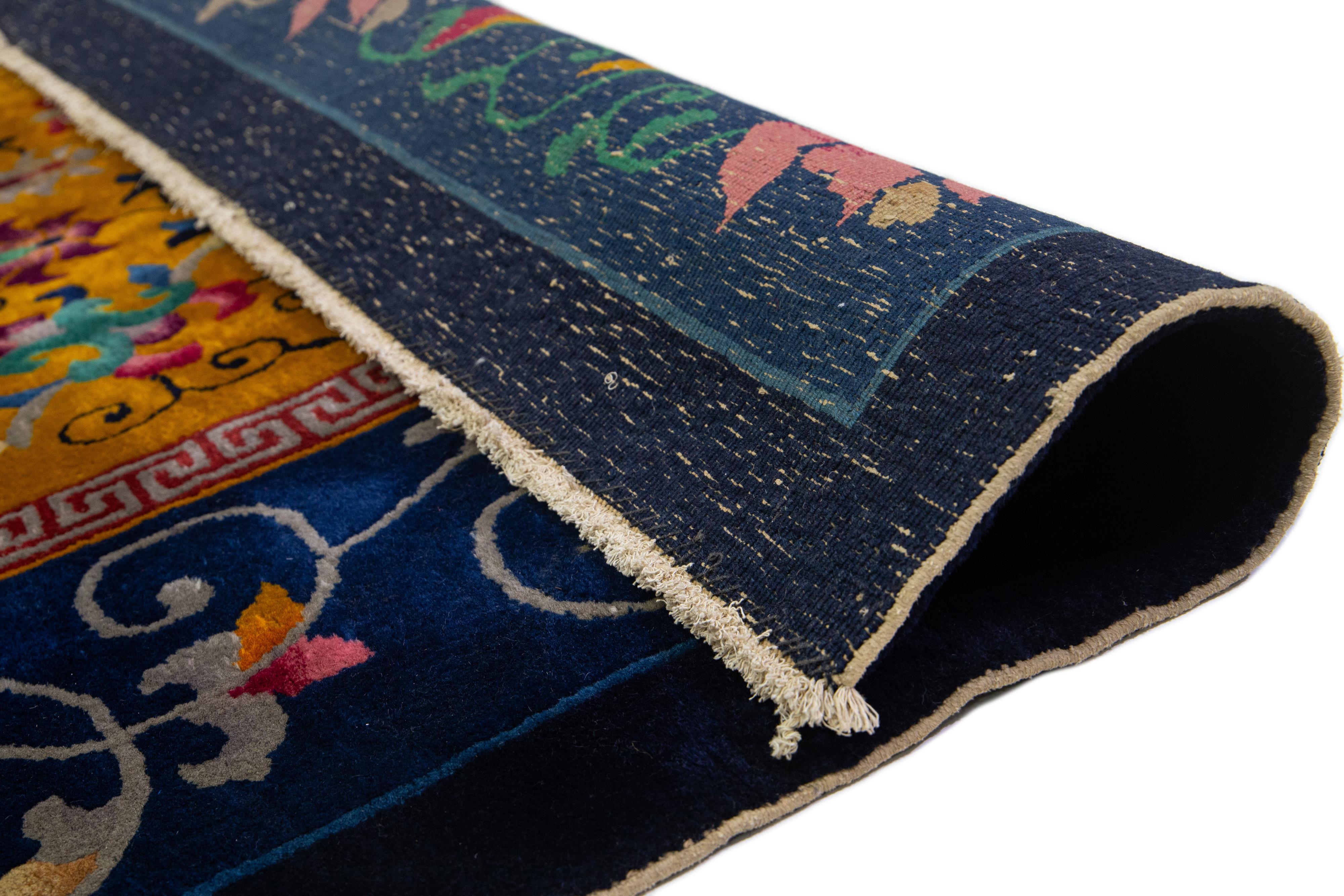 Hand-Knotted 1920s Antique Peking Chinese Wool Rug Handmade with Floral Design In Goldenrod For Sale