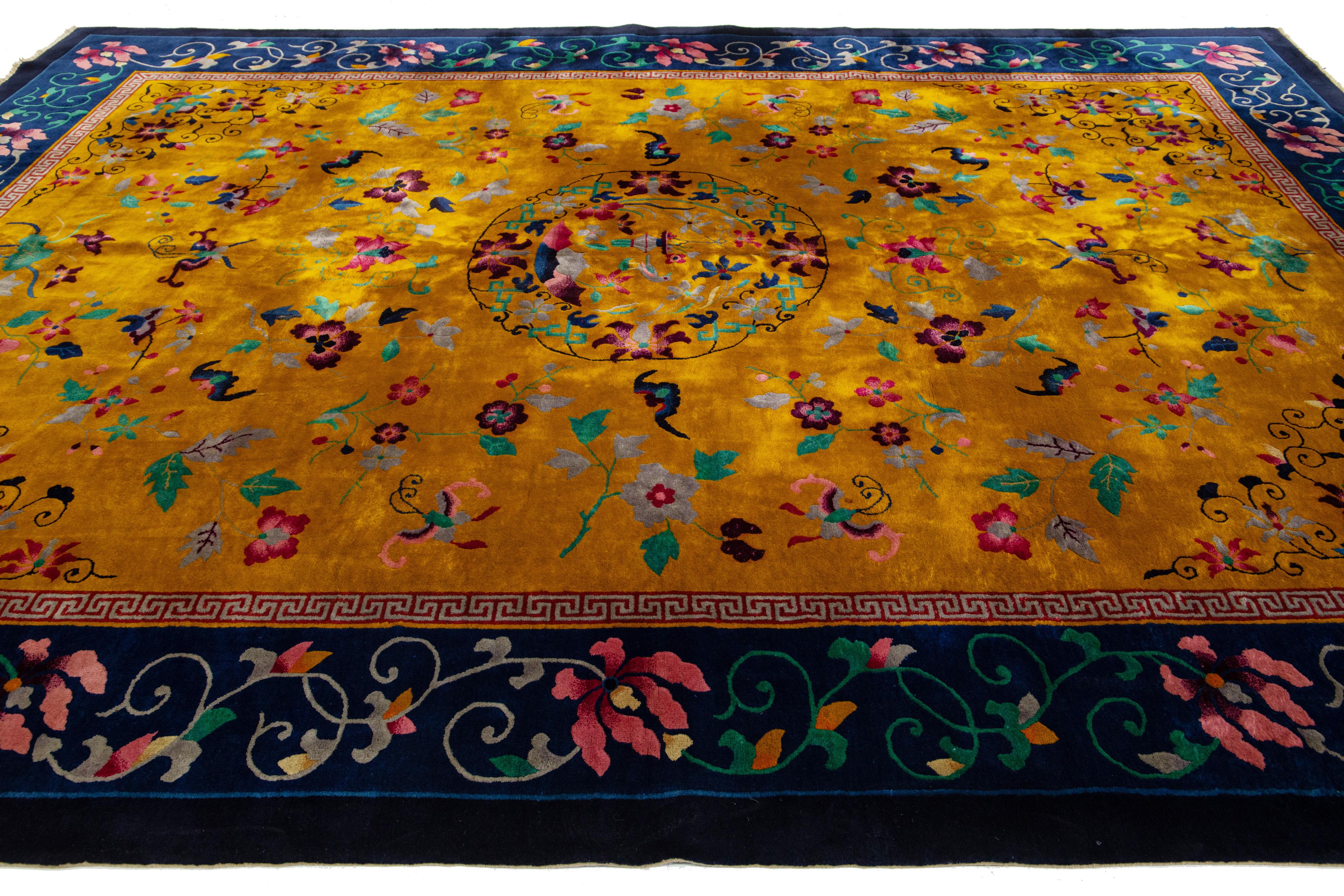 1920s Antique Peking Chinese Wool Rug Handmade with Floral Design In Goldenrod In Excellent Condition For Sale In Norwalk, CT