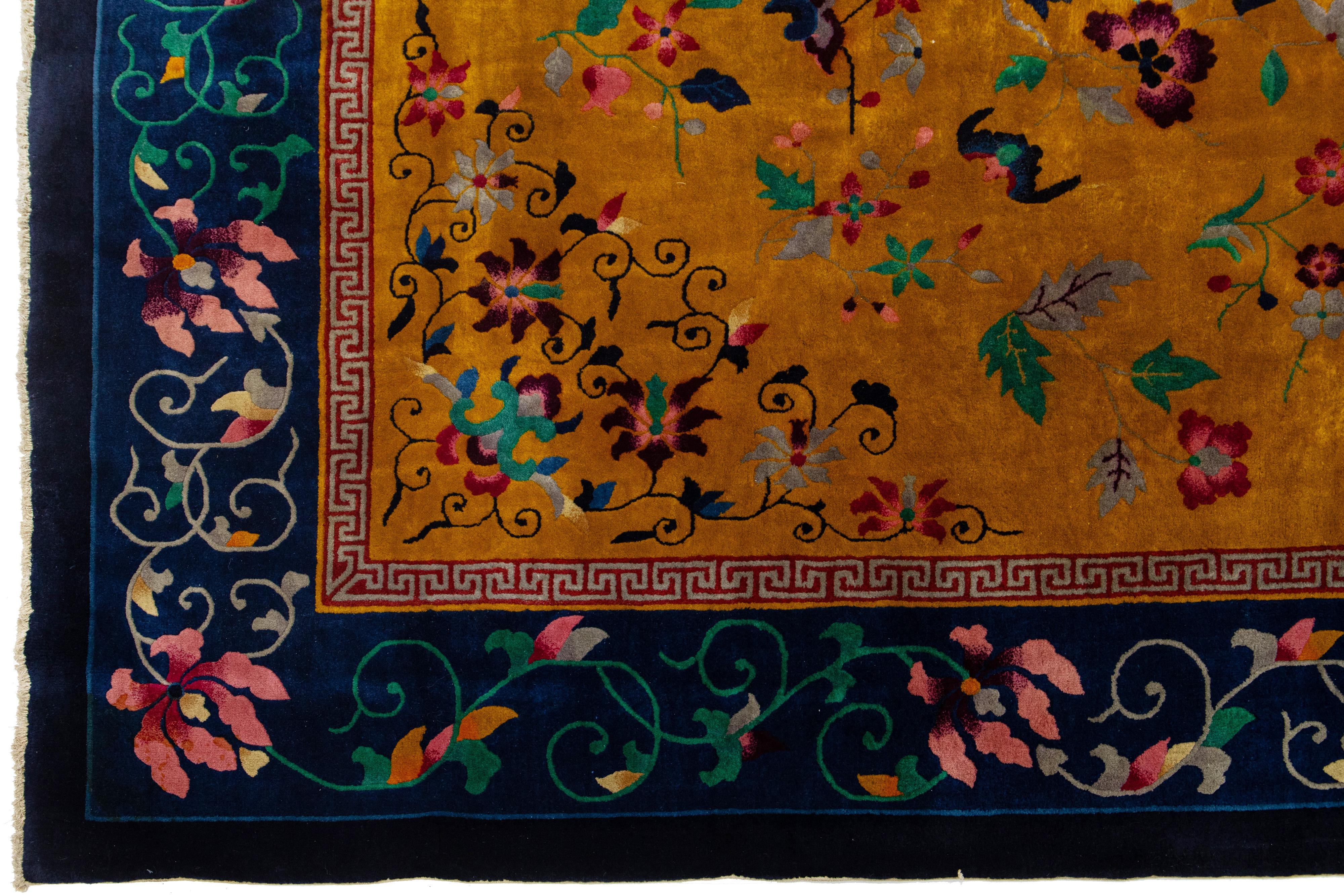 20th Century 1920s Antique Peking Chinese Wool Rug Handmade with Floral Design In Goldenrod For Sale