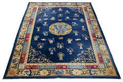 1920s Antique Peking Designed Chinese Wool Rug Handmade In Blue