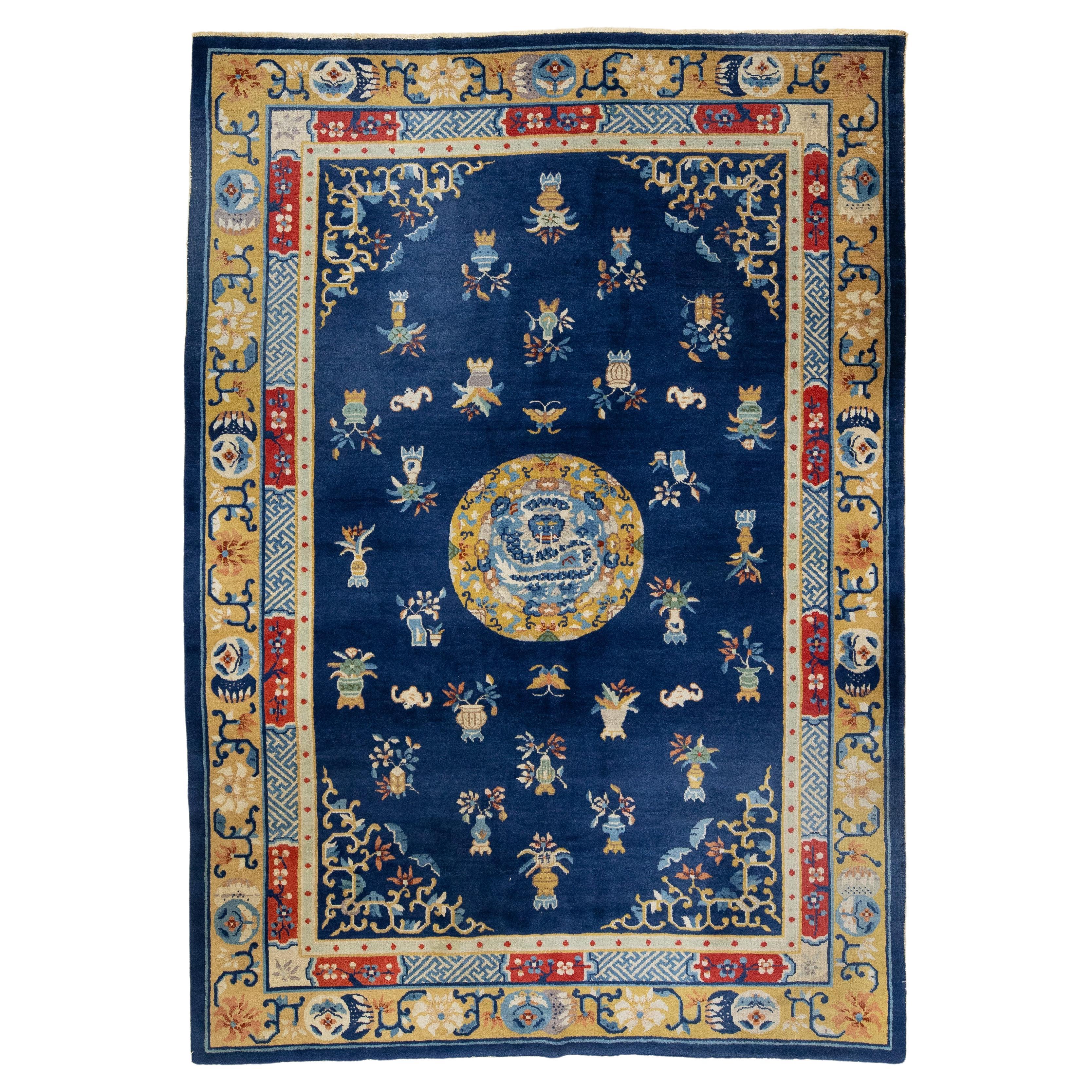 1920s Antique Peking Designed Chinese Wool Rug Handmade In Blue