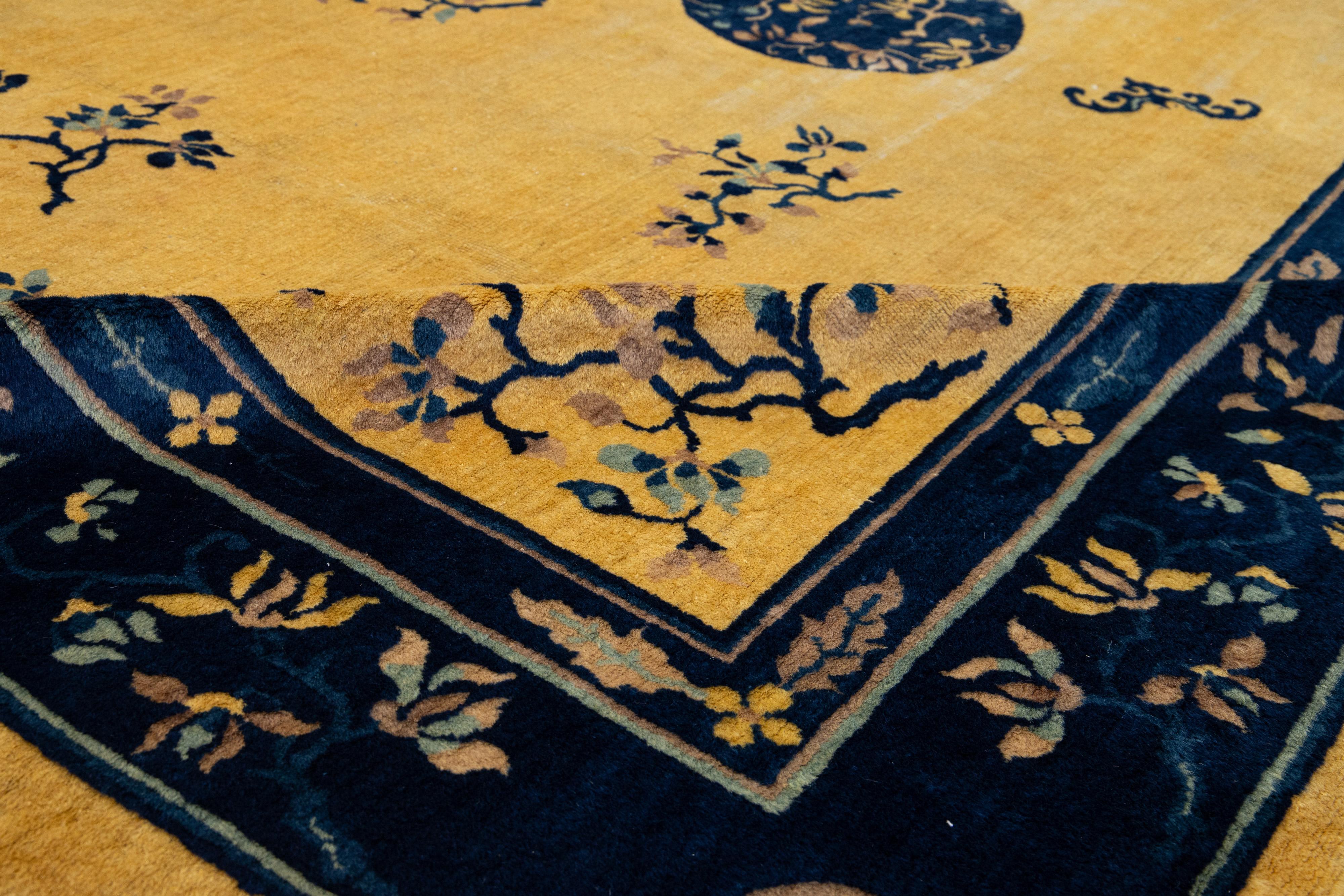 1920s Antique Peking Designed Chinese Wool Rug Handmade In Golderod Color For Sale 3