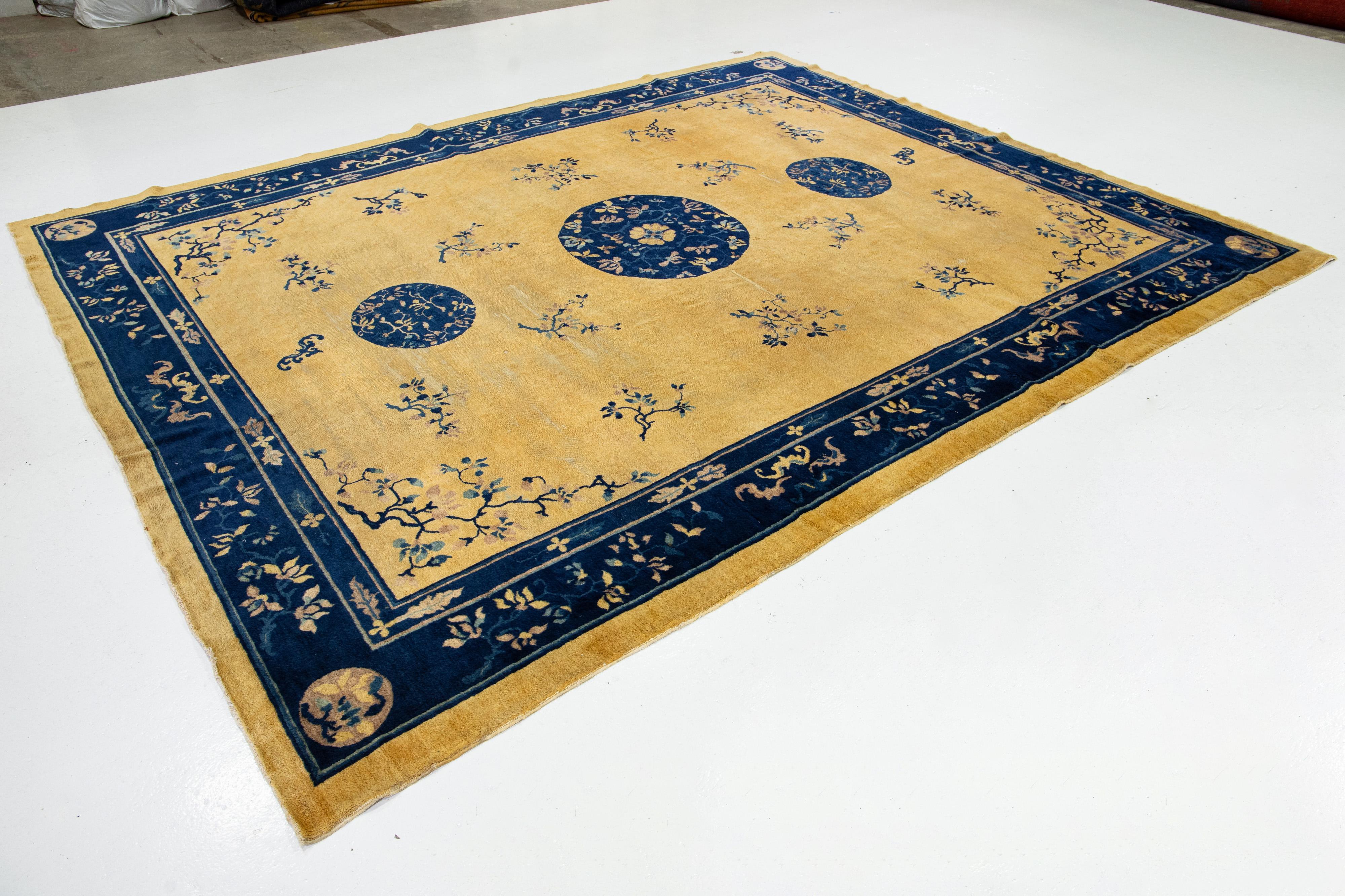 Chinese Export 1920s Antique Peking Designed Chinese Wool Rug Handmade In Golderod Color For Sale