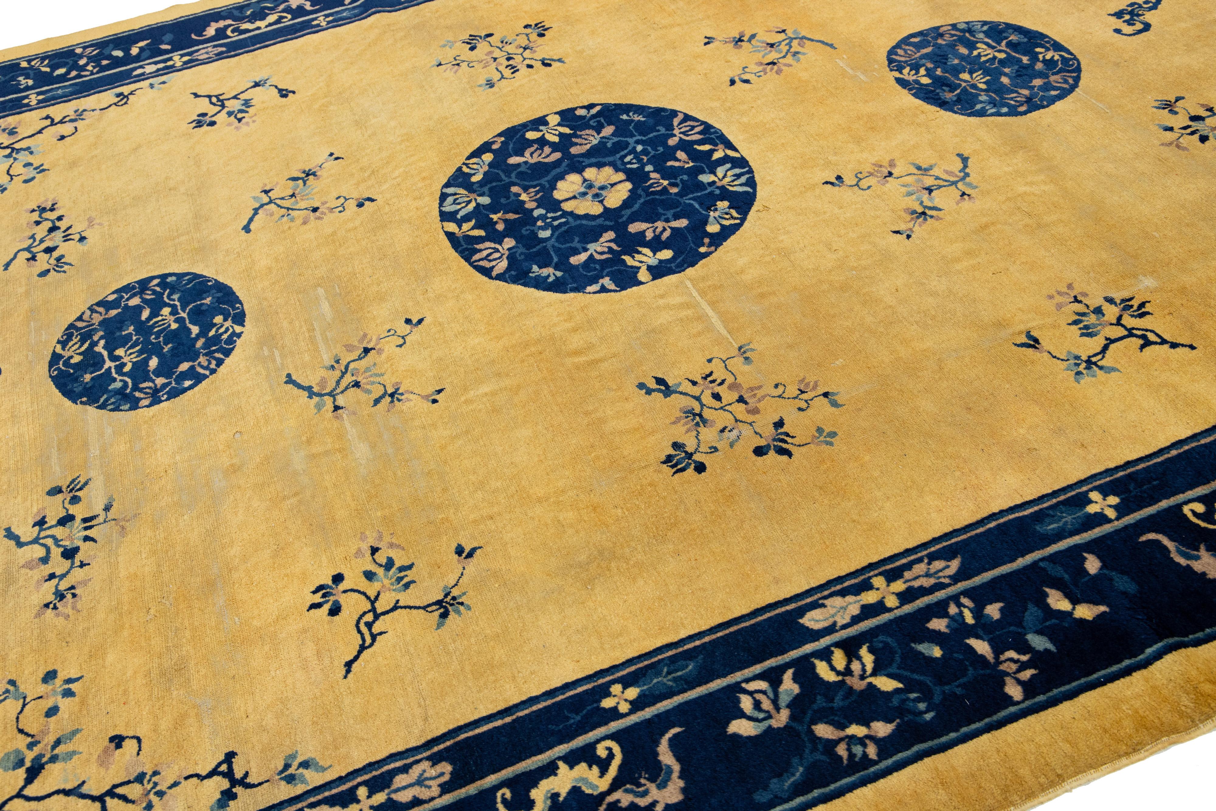 Hand-Knotted 1920s Antique Peking Designed Chinese Wool Rug Handmade In Golderod Color For Sale