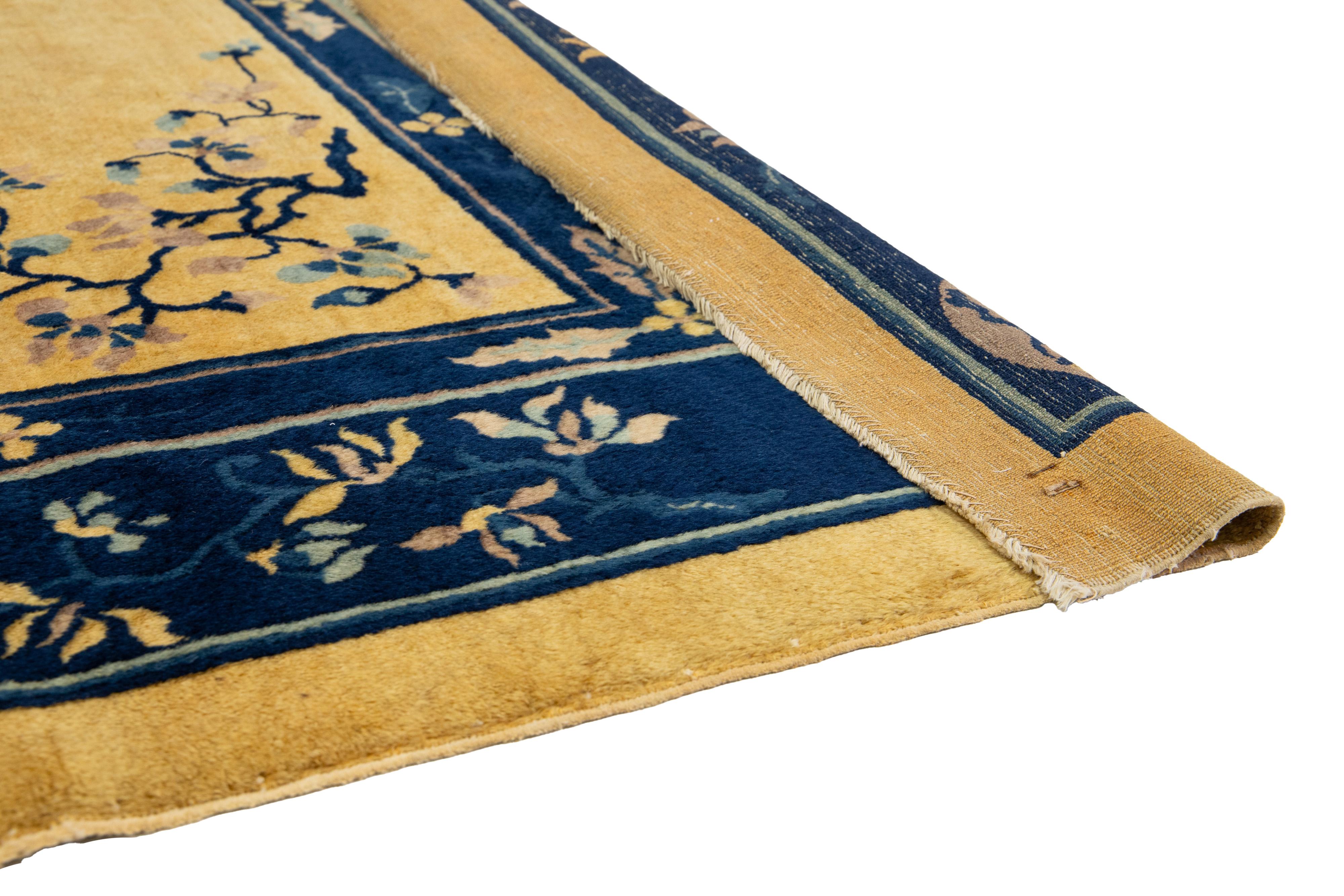 1920s Antique Peking Designed Chinese Wool Rug Handmade In Golderod Color In Fair Condition For Sale In Norwalk, CT