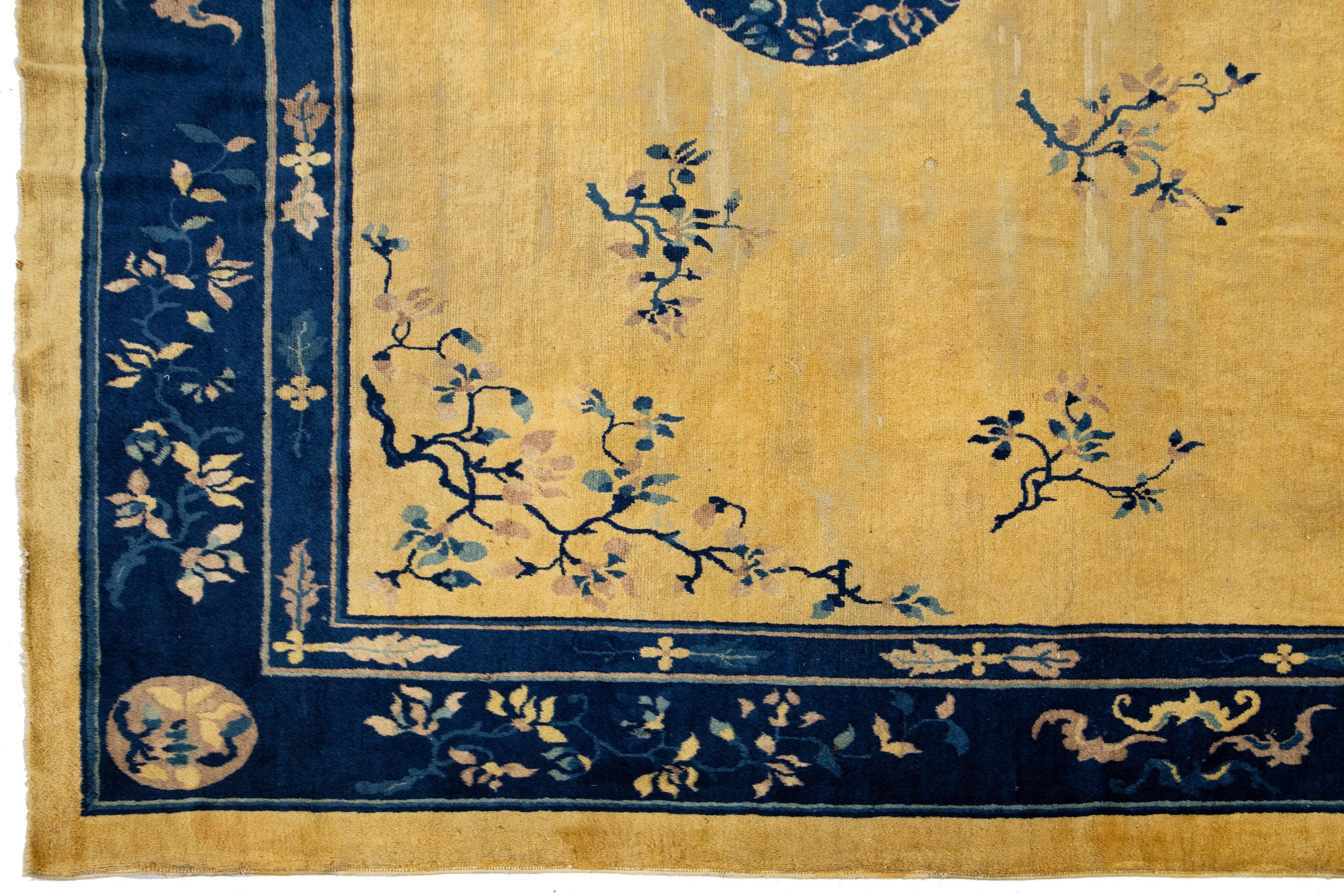 20th Century 1920s Antique Peking Designed Chinese Wool Rug Handmade In Golderod Color For Sale