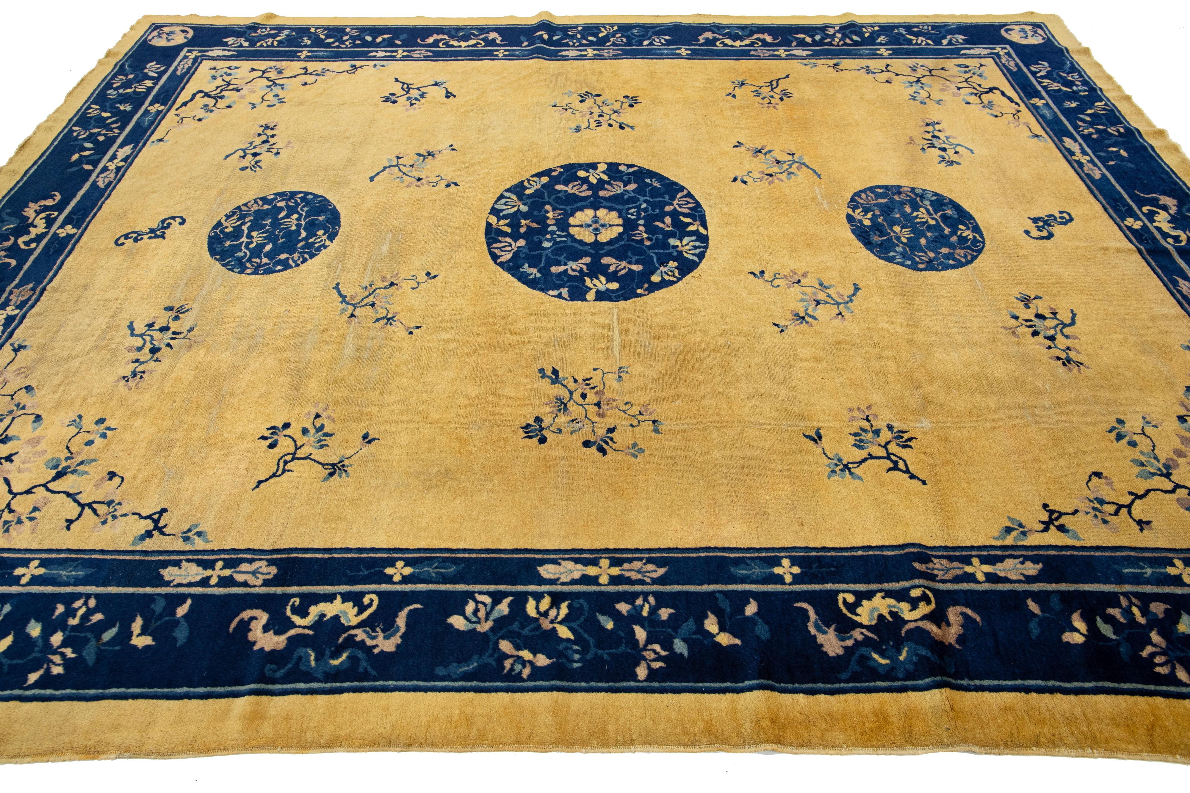 Other 1920s Antique Peking Designed Chinese Wool Rug Handmade In Golderod Color For Sale