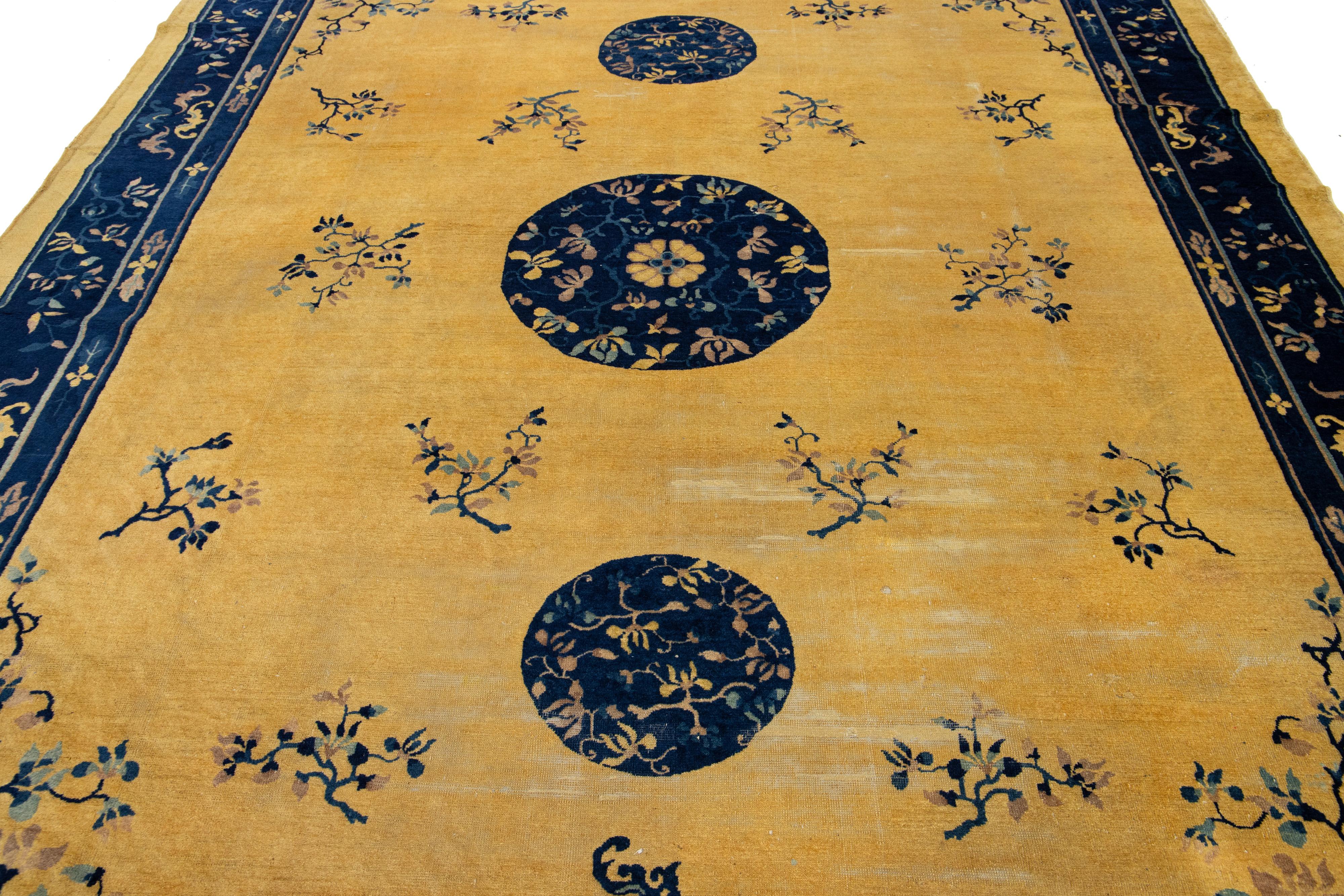 1920s Antique Peking Designed Chinese Wool Rug Handmade In Golderod Color For Sale 1