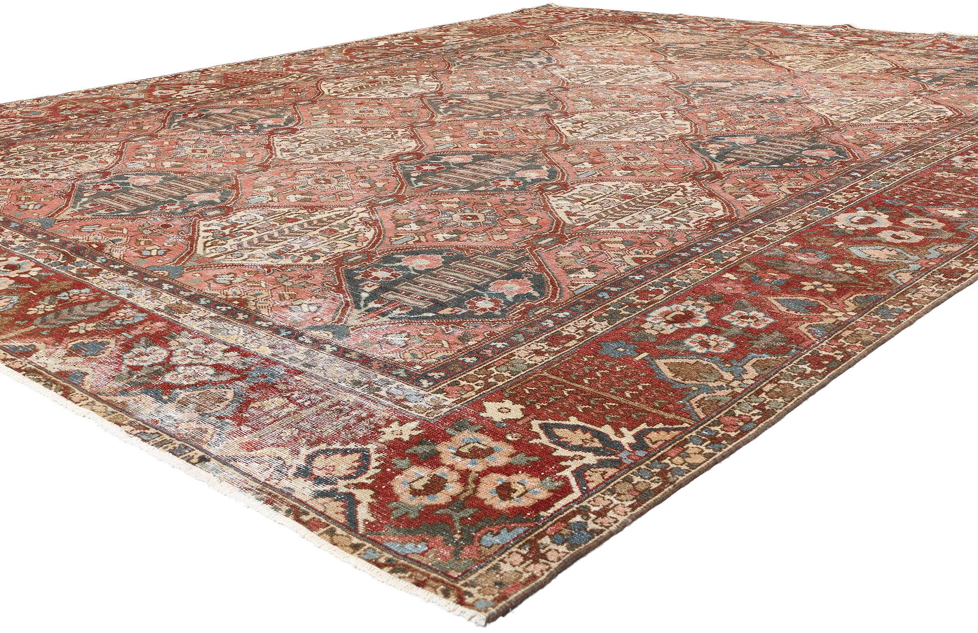 61350 Tappeto antico persiano Bakhtiari, 10'06 x 12'08. Questo tappeto antico persiano Bakhtiari, annodato a mano in lana, è una vera e propria testimonianza dell'abilità artistica e del patrimonio culturale delle tribù Bakhtiari, che chiamano le