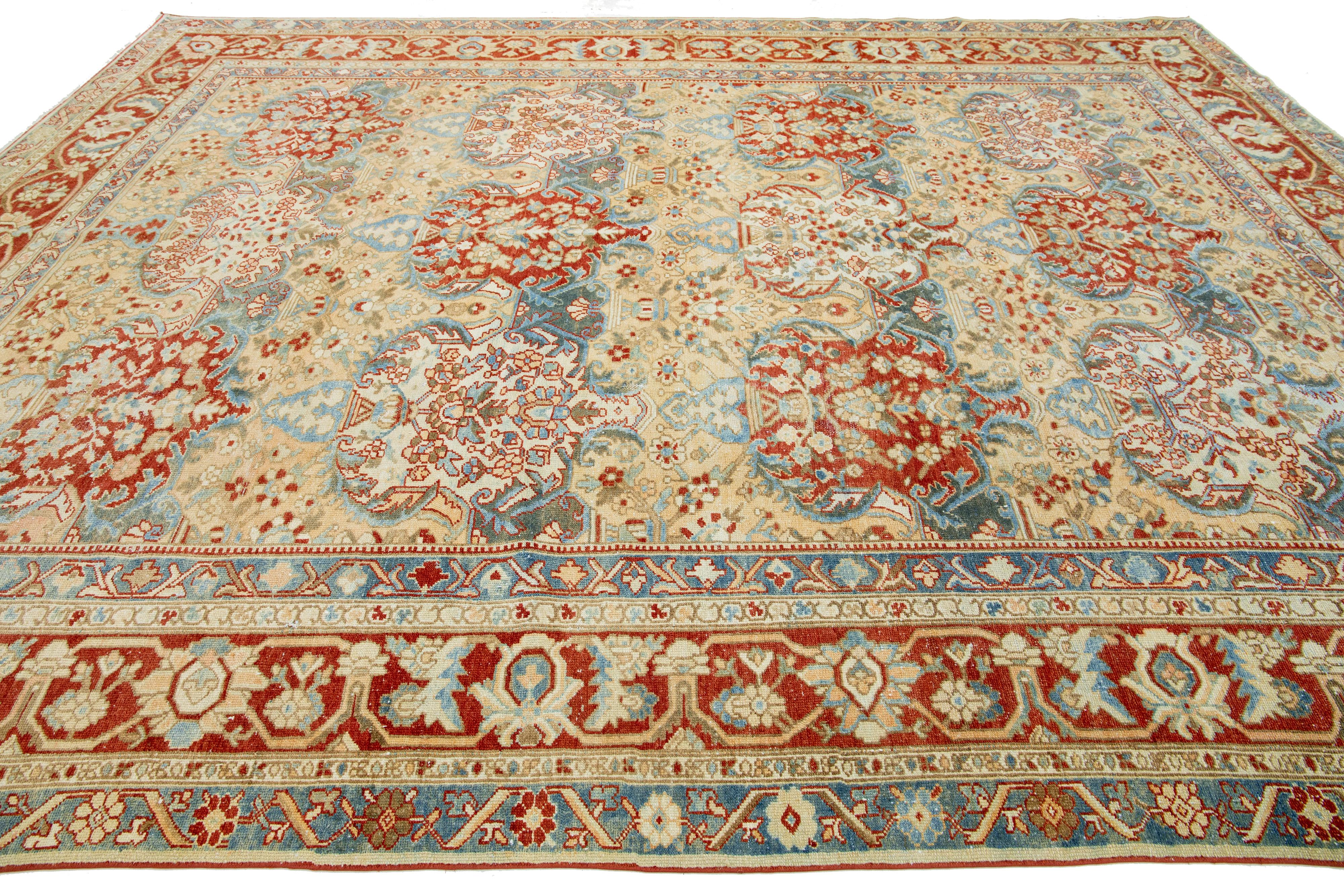 Hand-Knotted 1920s Antique Persian Bakhtiari Wool Rug with a Tan Color and Allover Pattern For Sale