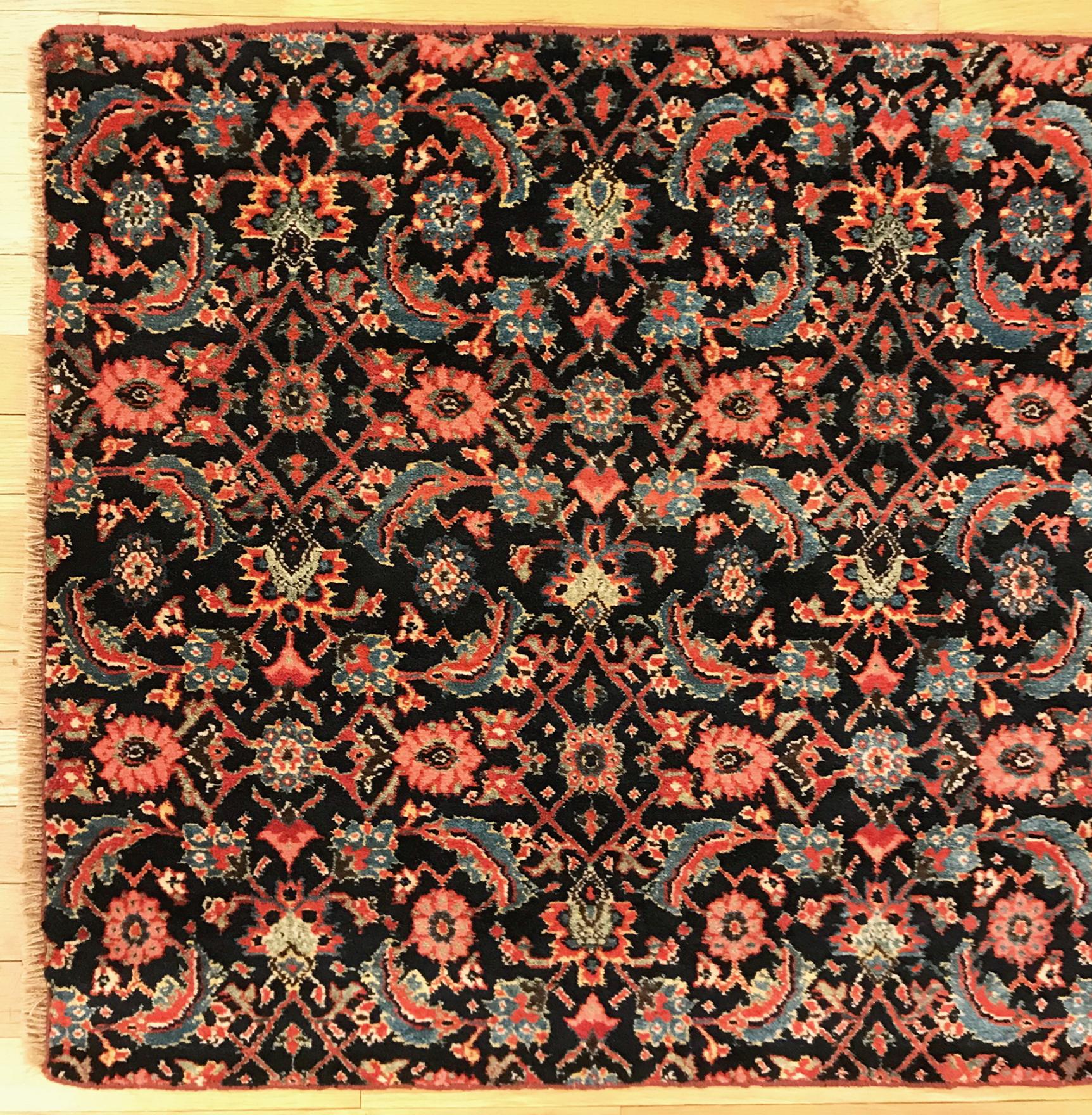 Hand-Knotted Antique  Borderless Persian Bidjar Oriental Rug, Small Size, Navy Field, Herati  For Sale