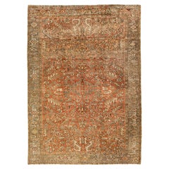 1920s Antique Persian Heriz Allover Wool Rug Handmade In Rust Color 
