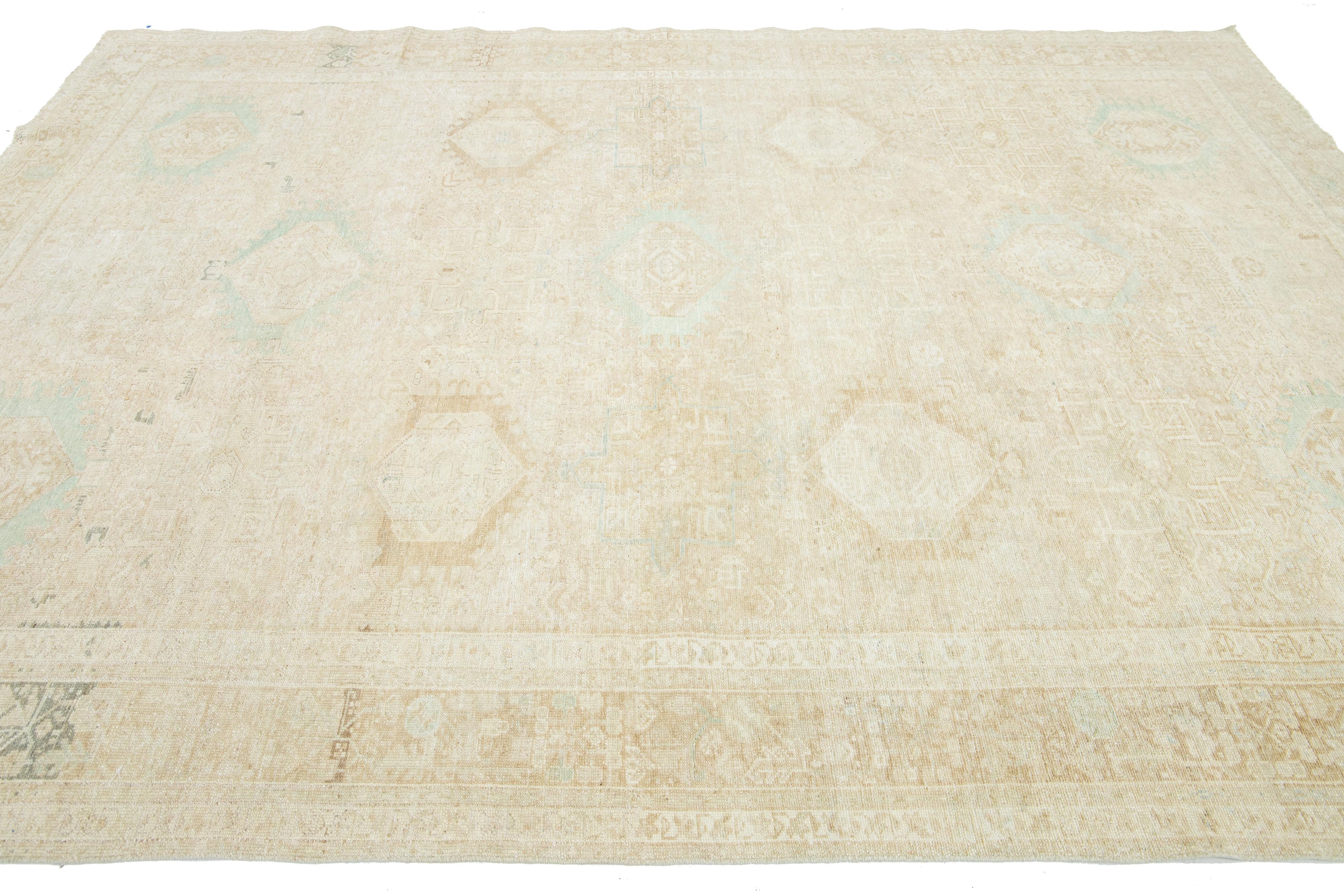 1920s Antique Persian Heriz Beige Wool Rug With Allover Design For Sale 4