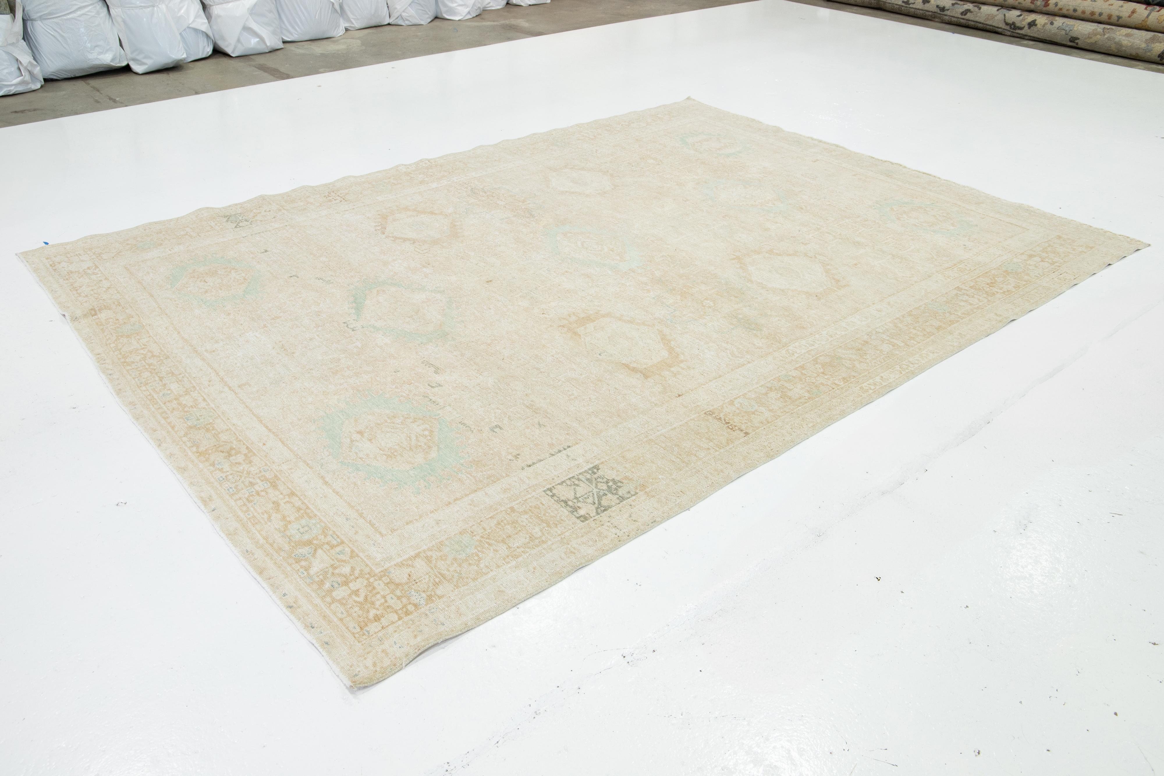 Hand-Knotted 1920s Antique Persian Heriz Beige Wool Rug With Allover Design For Sale