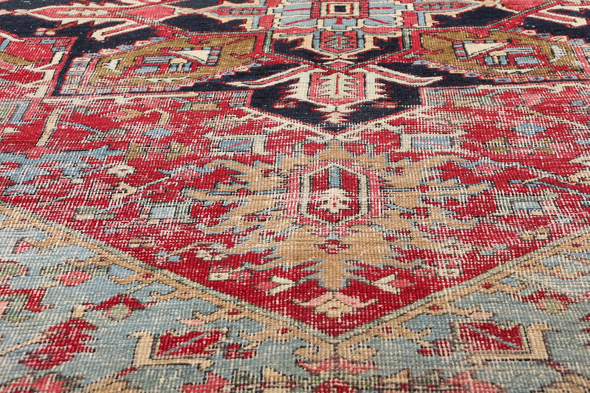 1920's Antique Persian Heriz Carpet with Traditional Style In Distressed Condition For Sale In Dallas, TX