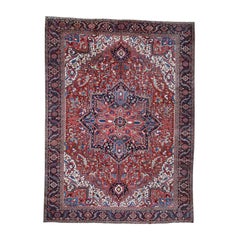 1920s Antique Persian Heriz Rug, Classic Medallion, Red and Navy