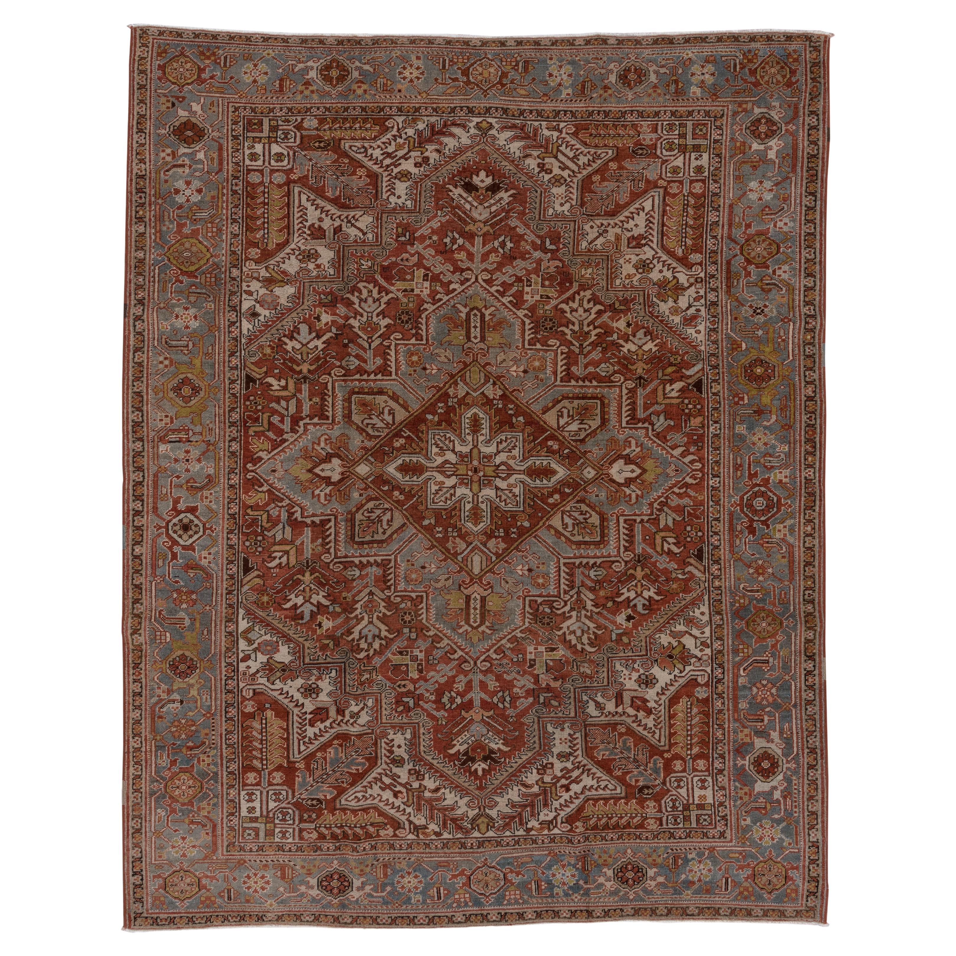 Antique Ivory Persian Heriz Rug, Ivory and Beige Field Dark Borders Blue Accents For Sale at 1stDibs