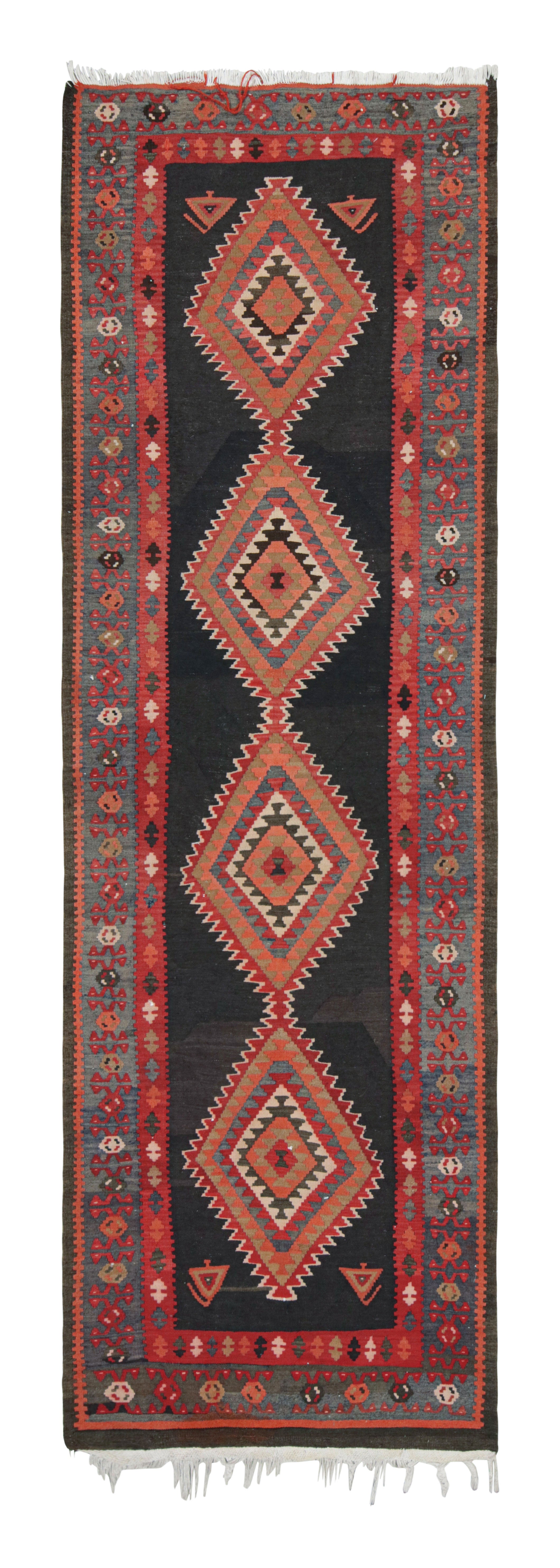 1920s Antique Persian Kilim in Black, Red and Blue Tribal pattern by Rug & Kilim For Sale