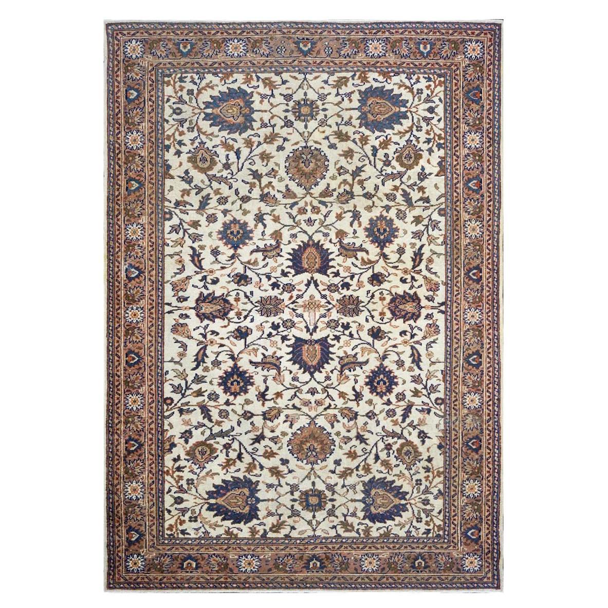 1920s Antique Persian Mahal 7x10 Ivory, Tan, & Blue Handmade Area Rug For Sale