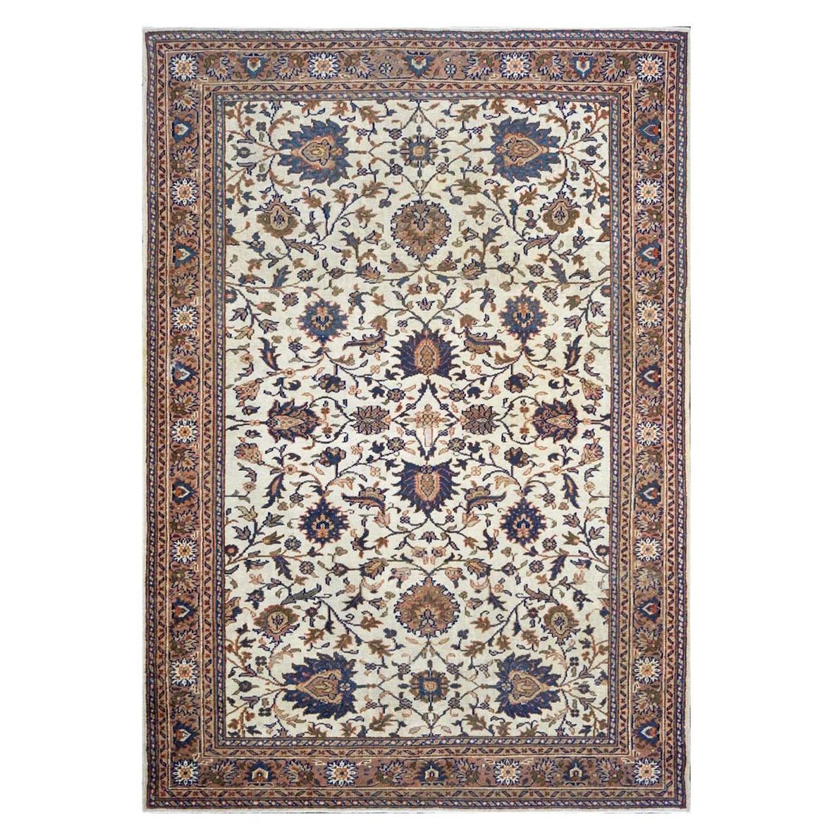 Tapis persan ancien Mahal 7x10 ivoire, brun clair et bleu fait  la main des annes 1920 en vente