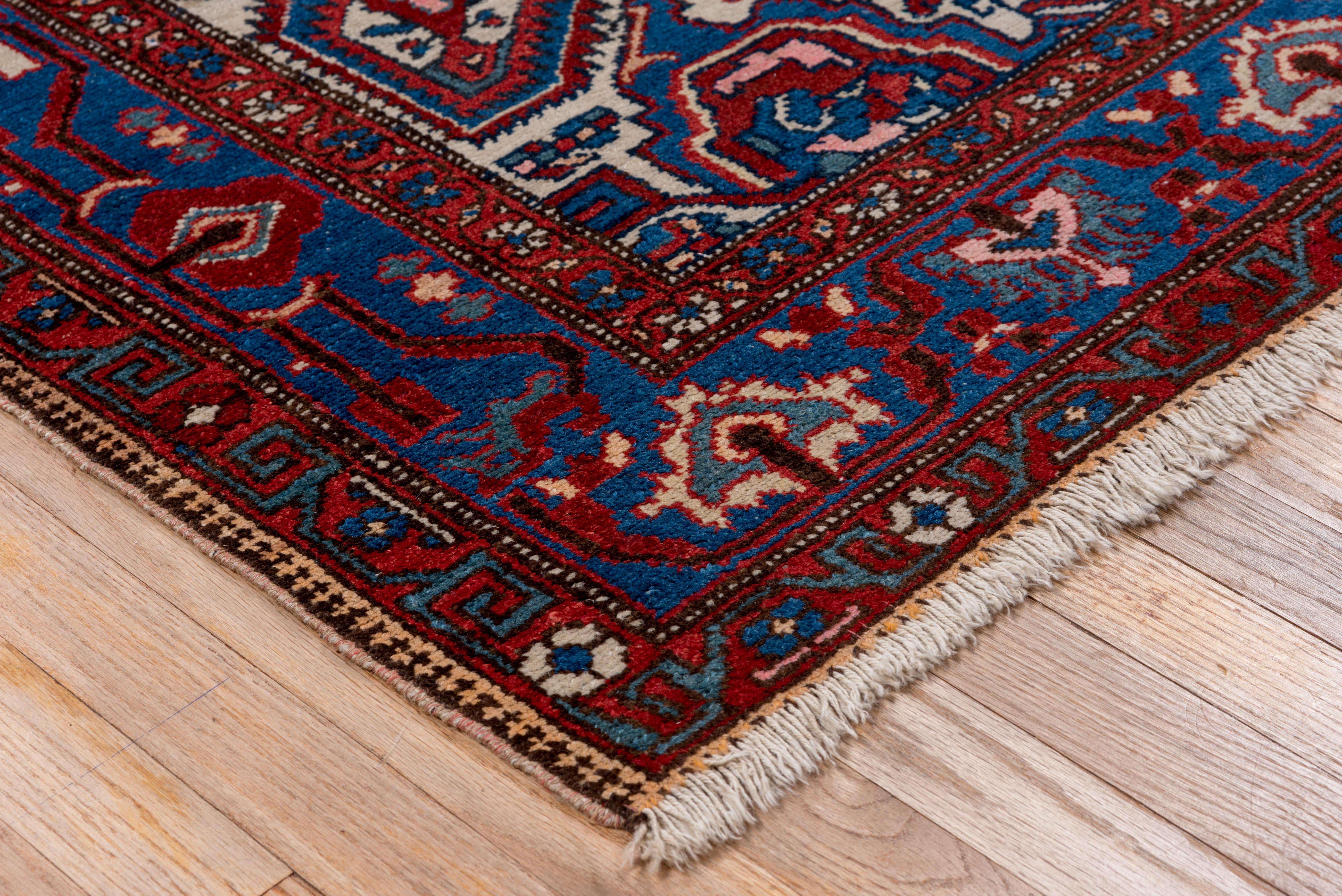 Hand-Knotted 1920s Antique Persian Malayer Rugm Ivory & Navy Field, Red & Royal Blue Borders For Sale