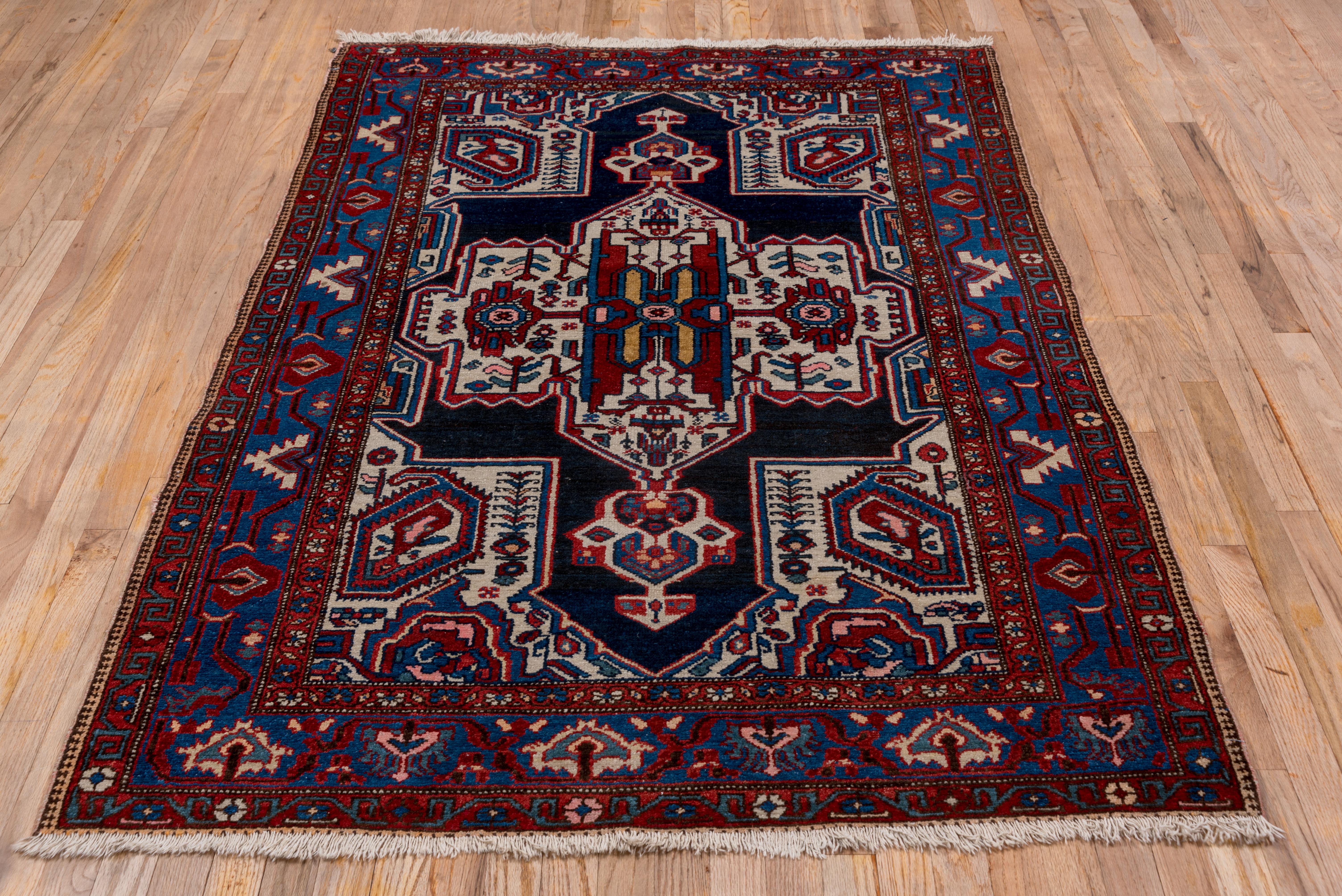 1920s Antique Persian Malayer Rugm Ivory & Navy Field, Red & Royal Blue Borders In Good Condition For Sale In New York, NY