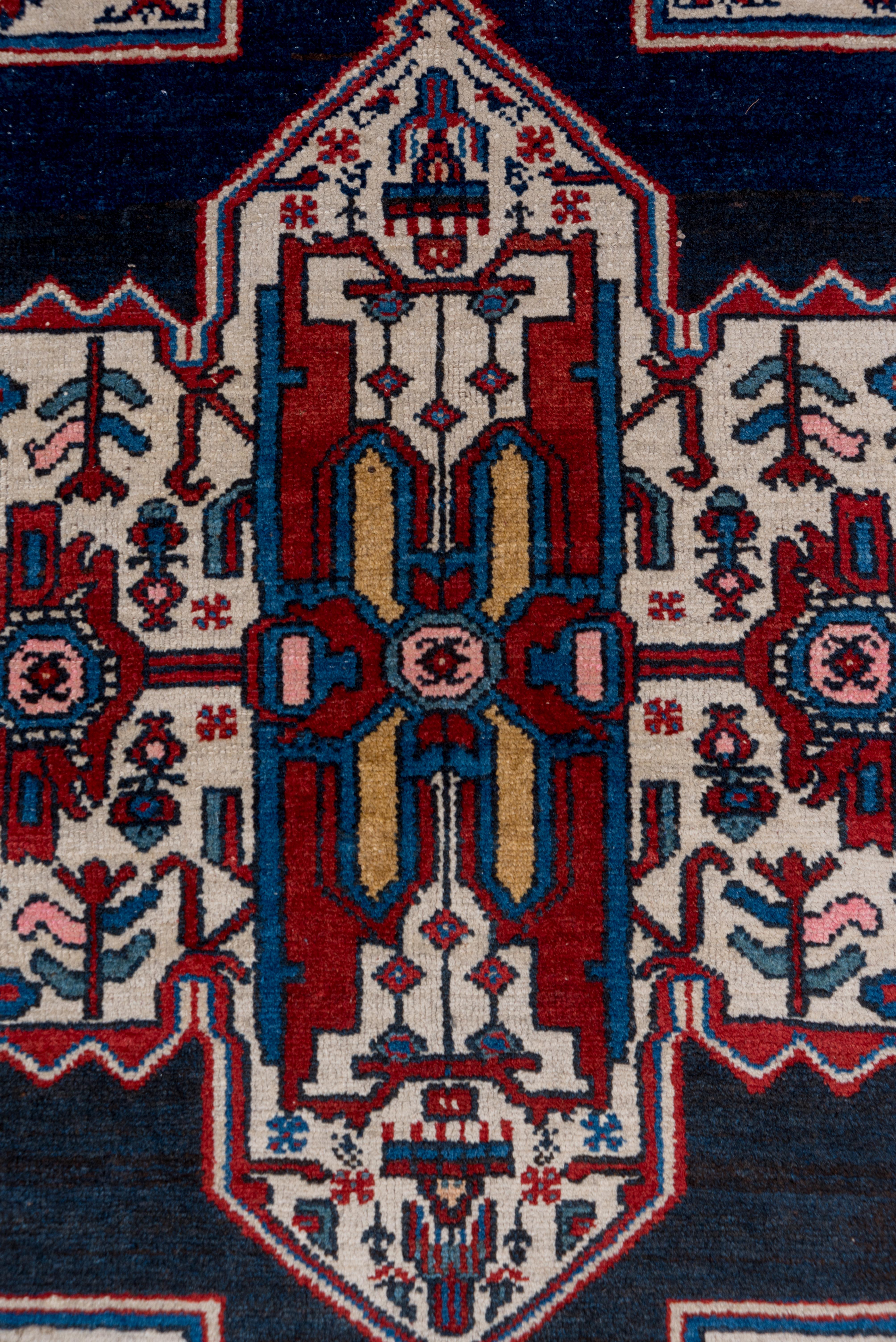 Early 20th Century 1920s Antique Persian Malayer Rugm Ivory & Navy Field, Red & Royal Blue Borders For Sale